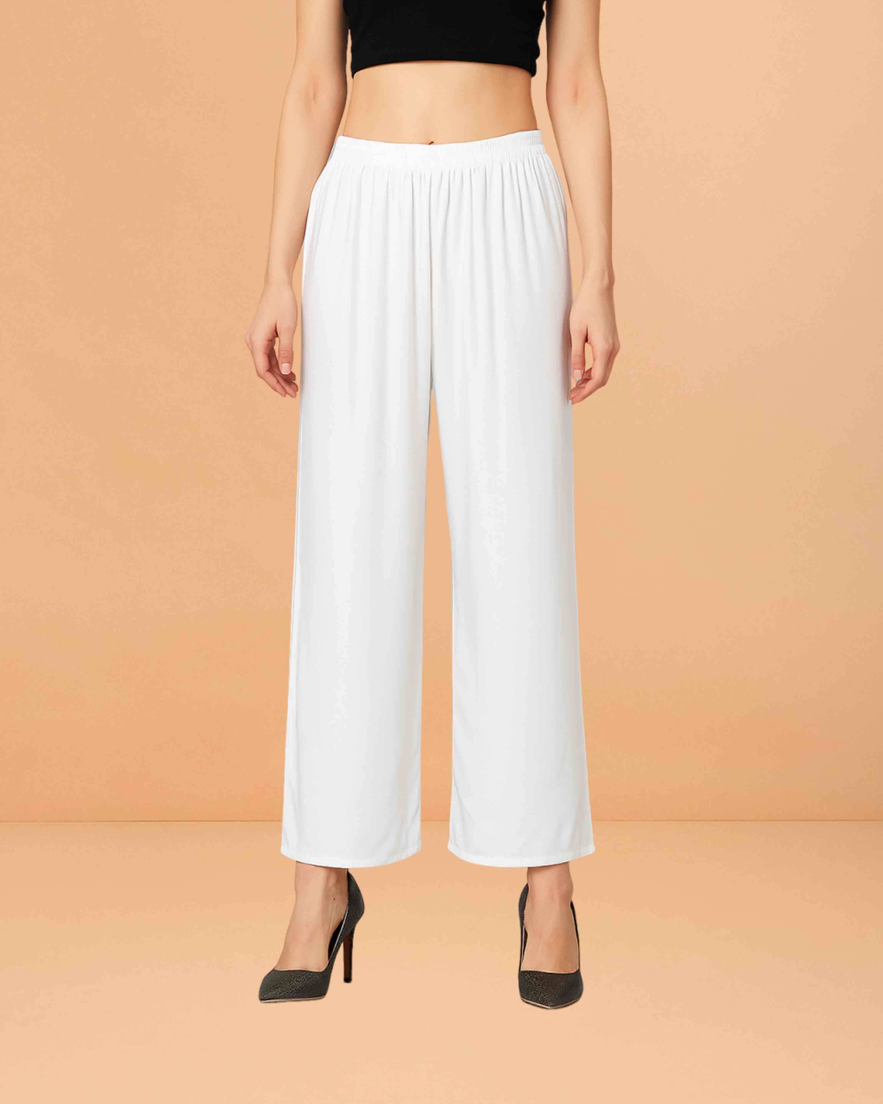 Go colors women's mid rise basic relaxed fit palazzo - White