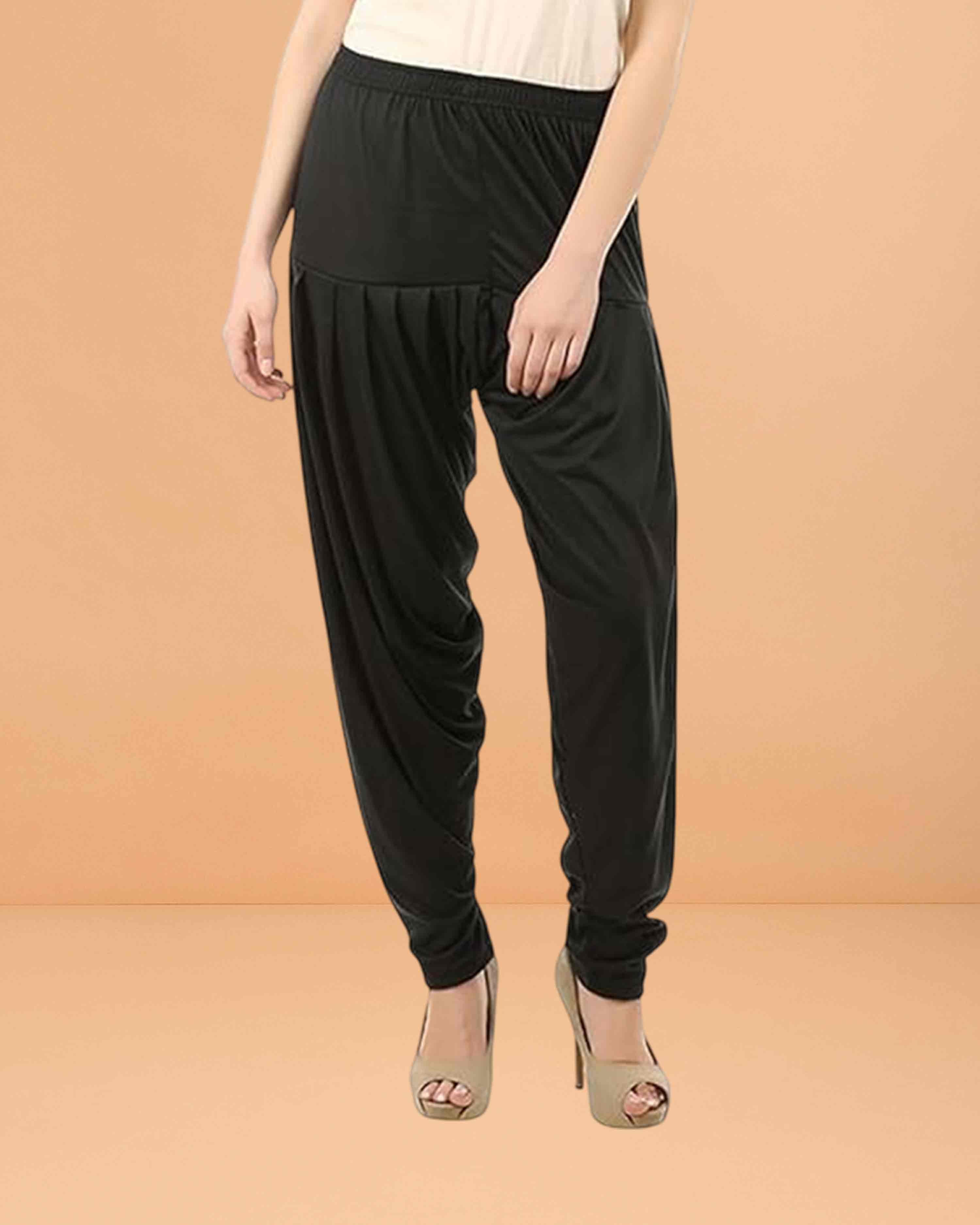 Women's Relaxed Fit Cotton Viscose Lycra Dhoti Patiyala Salwar Harem Bottoms Pants for Women's - Black