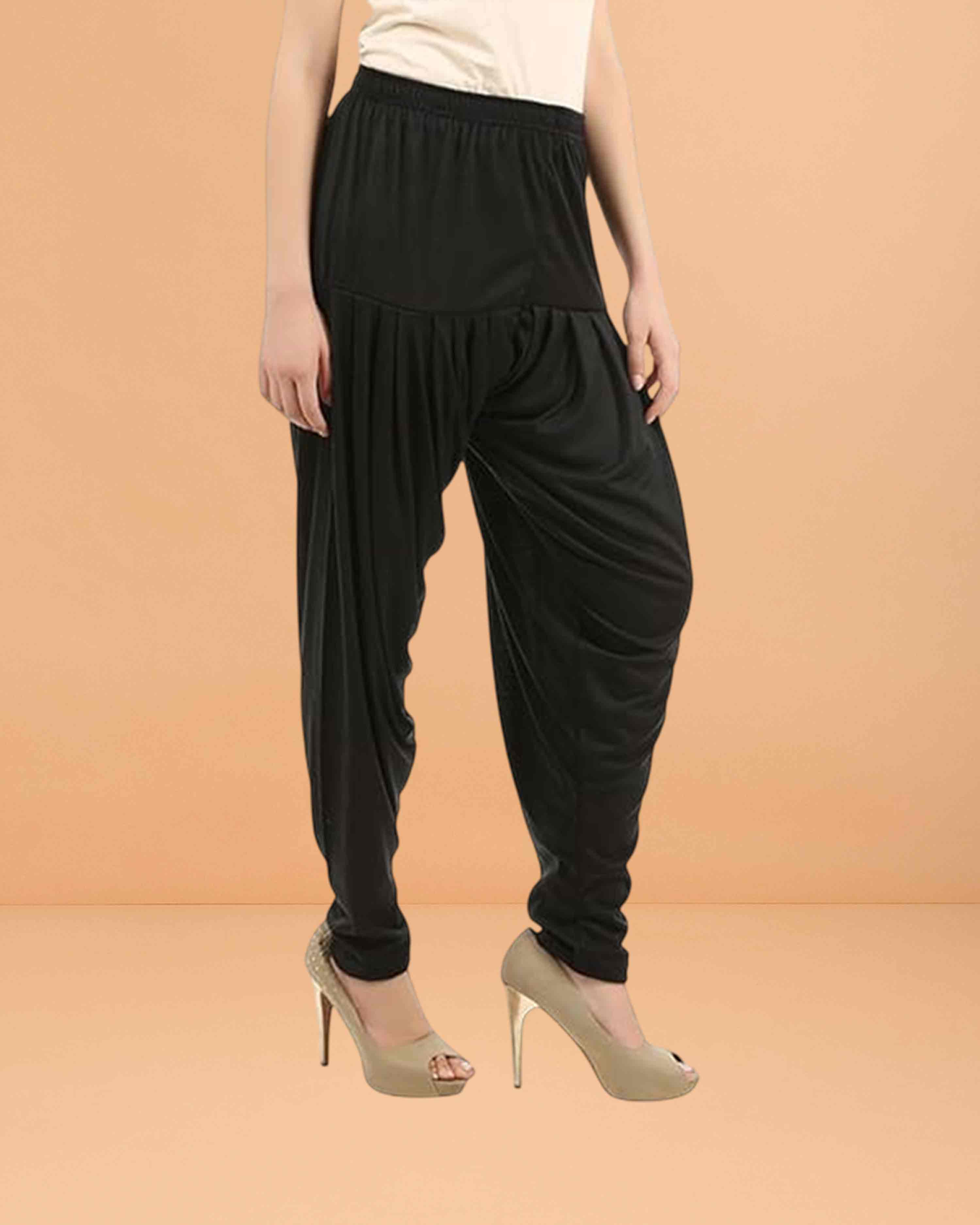 Women's Relaxed Fit Cotton Viscose Lycra Dhoti Patiyala Salwar Harem Bottoms Pants for Women's - Black