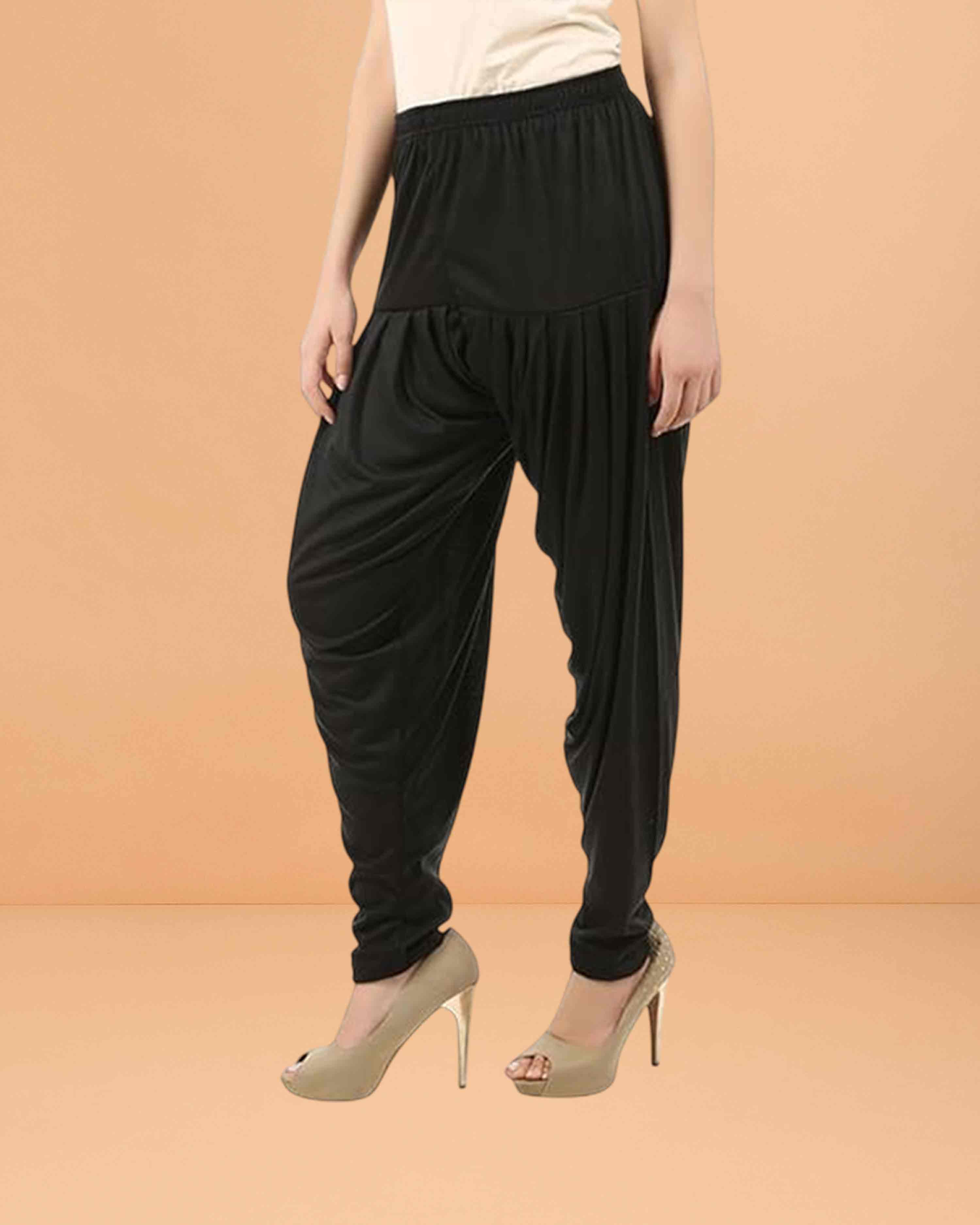 Women's Relaxed Fit Cotton Viscose Lycra Dhoti Patiyala Salwar Harem Bottoms Pants for Women's - Black
