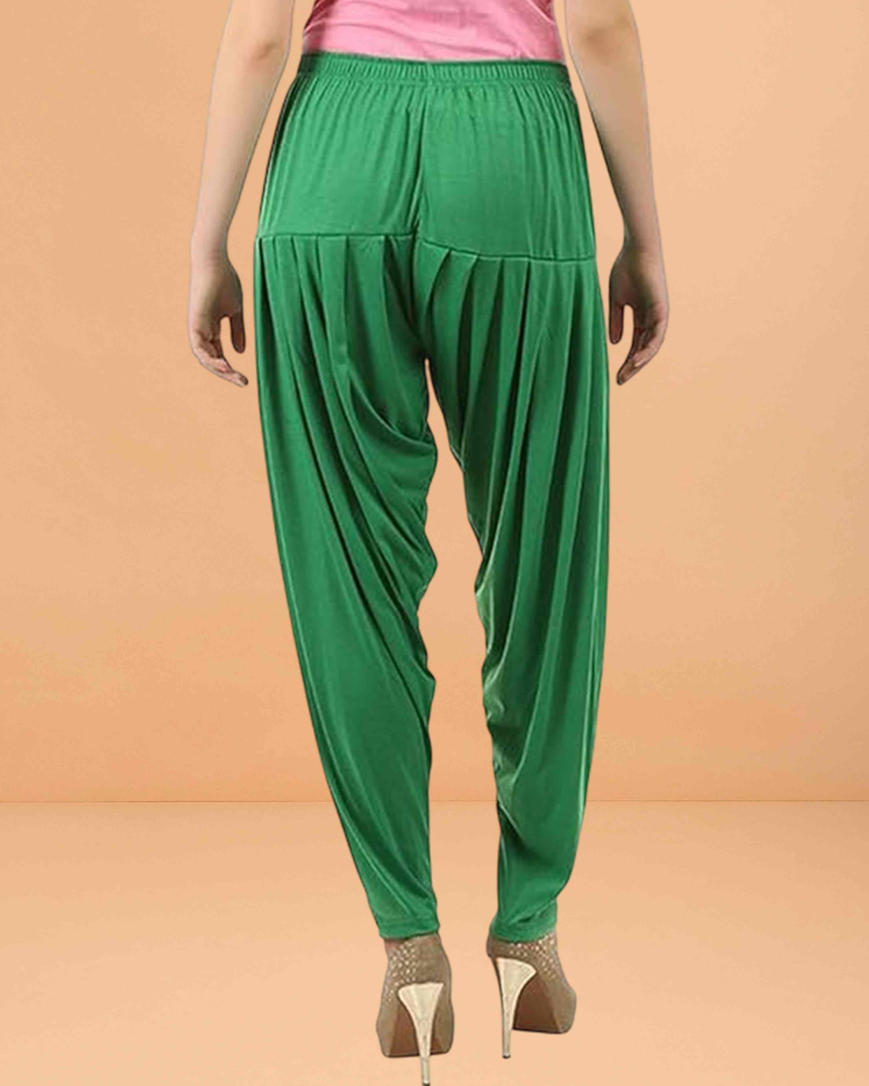 Women's Relaxed Fit Cotton Viscose Lycra Dhoti Patiyala Salwar Harem Bottoms Pants for Women's - Green