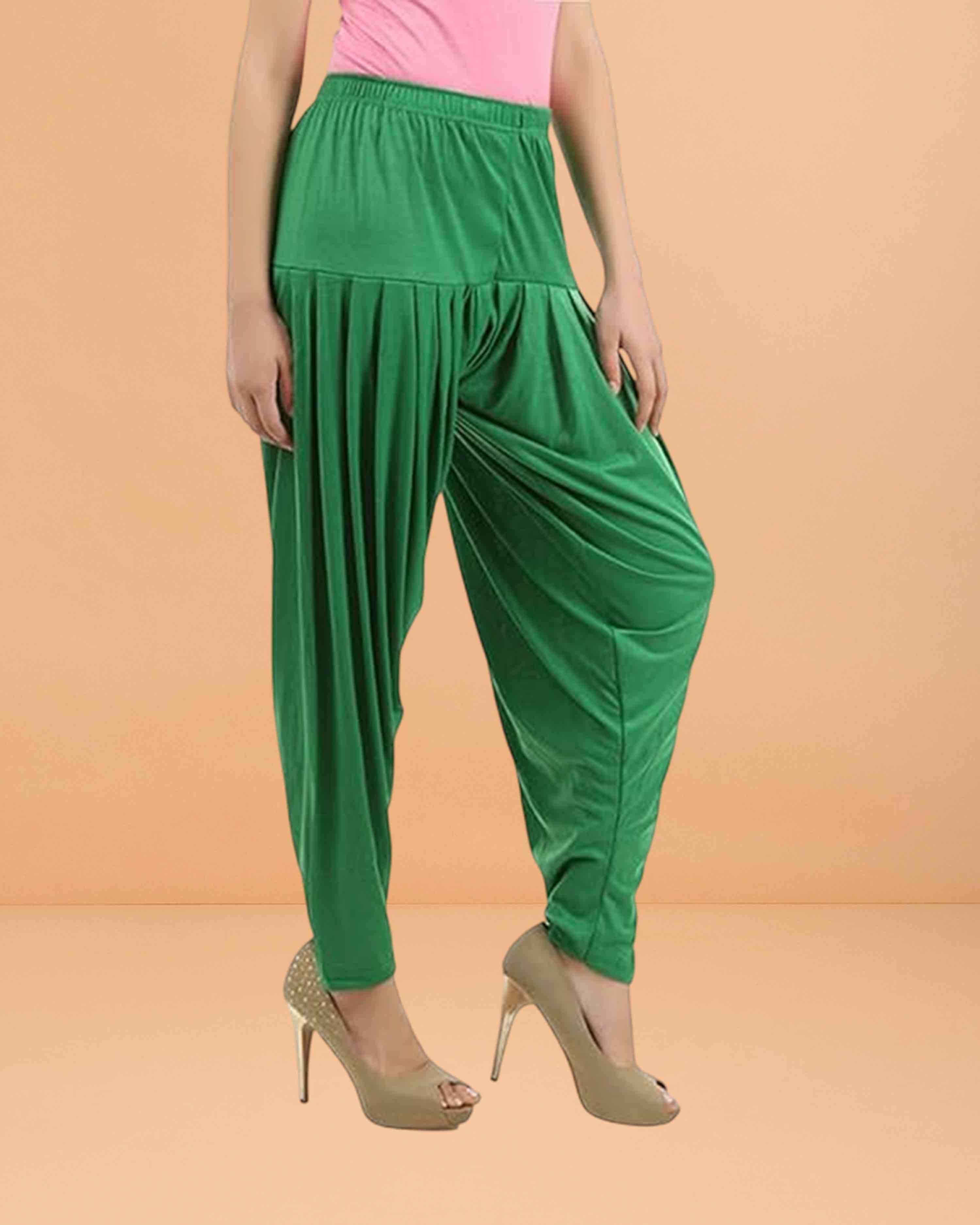 Women's Relaxed Fit Cotton Viscose Lycra Dhoti Patiyala Salwar Harem Bottoms Pants for Women's - Green