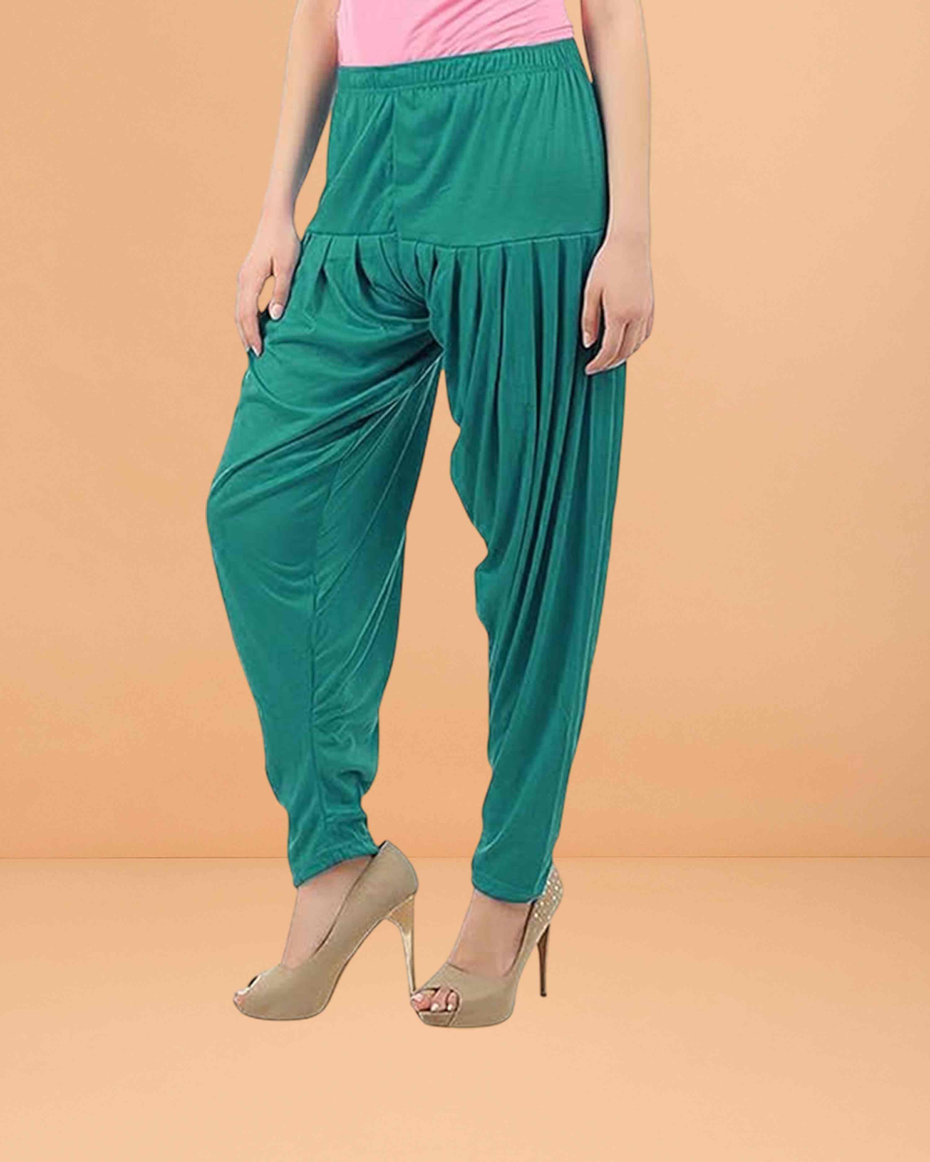 Women's Relaxed Fit Cotton Viscose Lycra Dhoti Patiyala Salwar Harem Bottoms Pants for Women's - Ramar Green