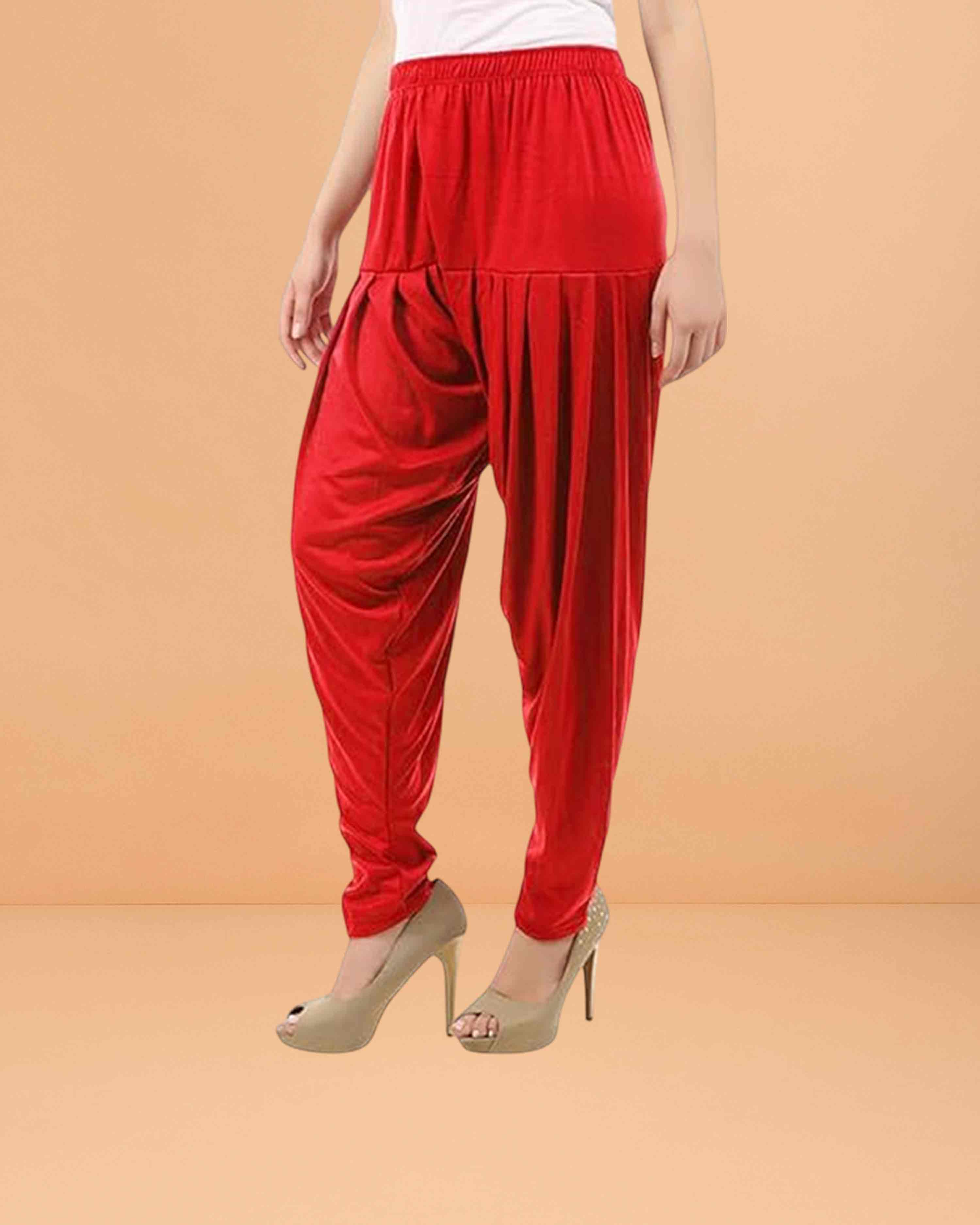 Women's Relaxed Fit Cotton Viscose Lycra Dhoti Patiyala Salwar Harem Bottoms Pants for Women's - Red