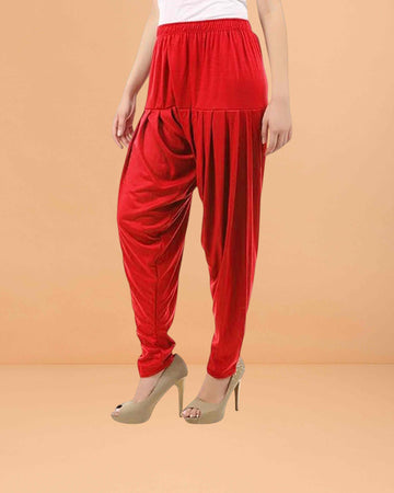Women's Relaxed Fit Cotton Viscose Lycra Dhoti Patiyala Salwar Harem Bottoms Pants for Women's - Red