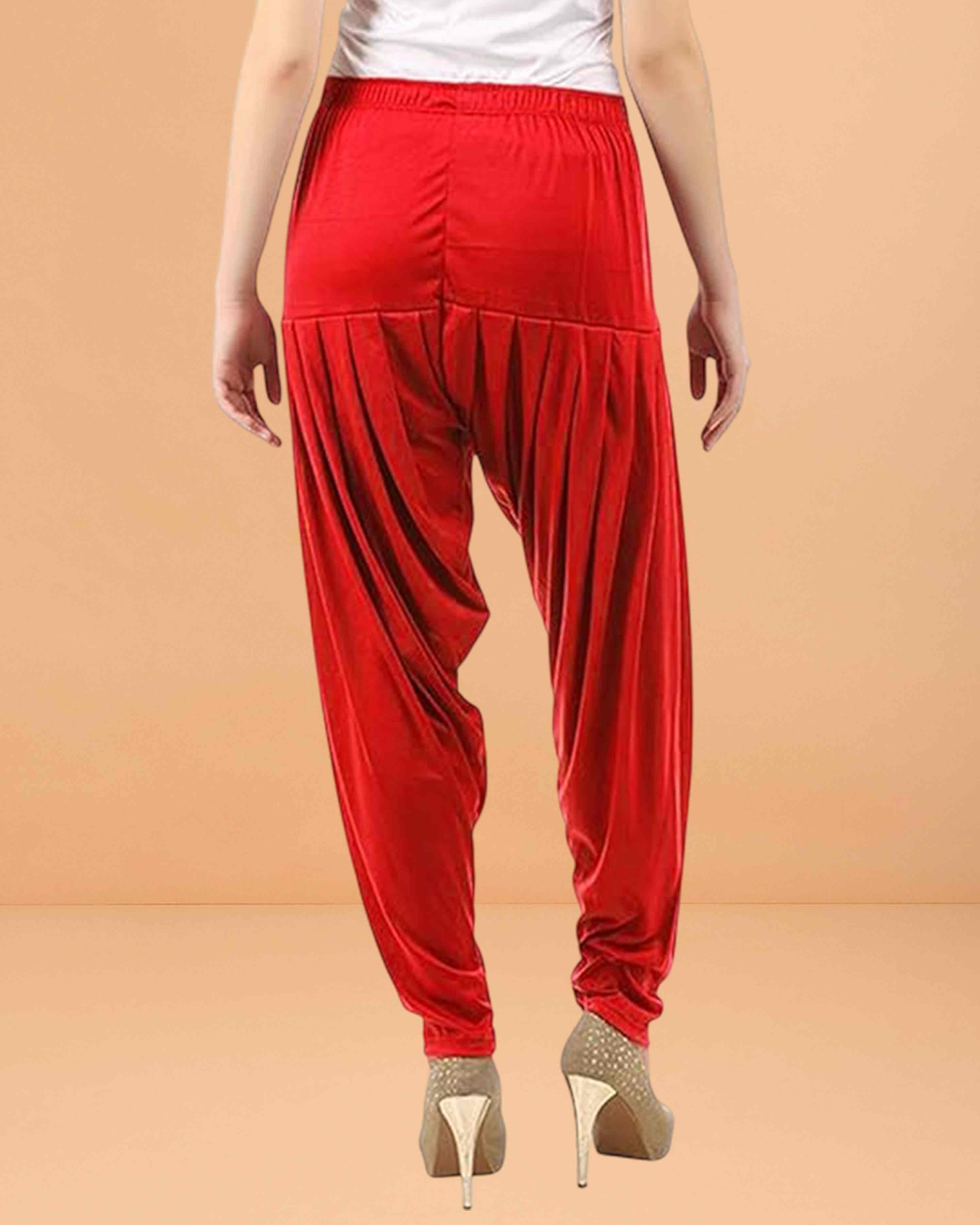 Women's Relaxed Fit Cotton Viscose Lycra Dhoti Patiyala Salwar Harem Bottoms Pants for Women's - Red