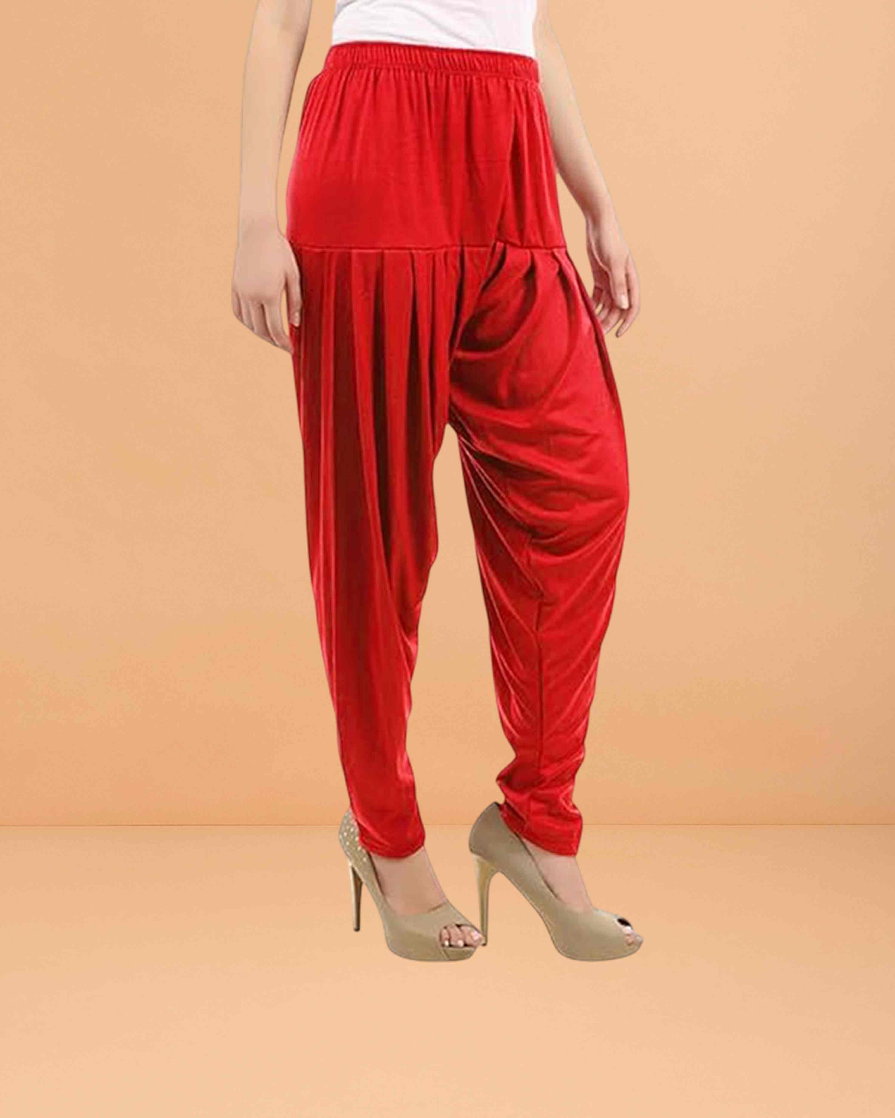 Women's Relaxed Fit Cotton Viscose Lycra Dhoti Patiyala Salwar Harem Bottoms Pants for Women's - Red