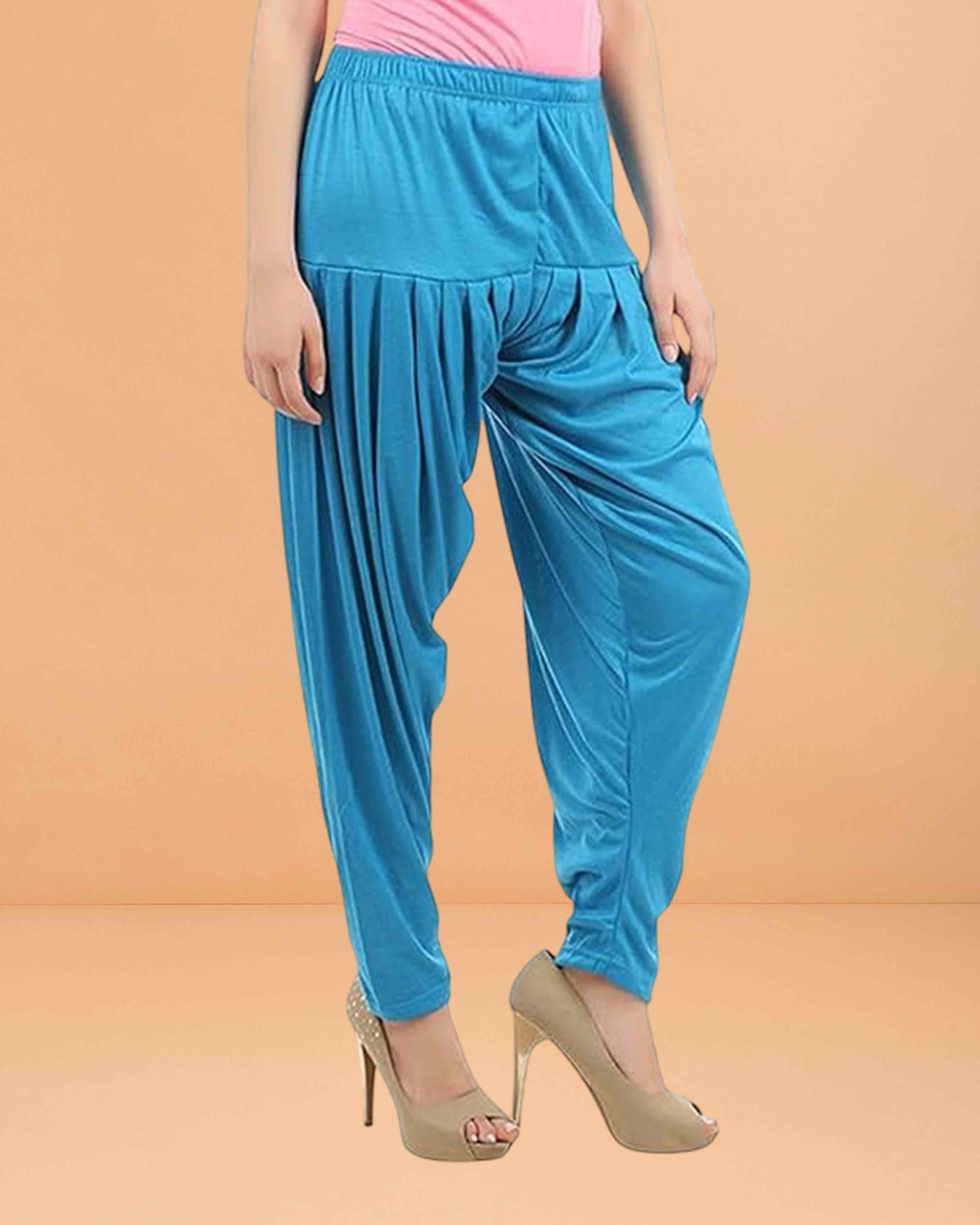 Women's Relaxed Fit Cotton Viscose Lycra Dhoti Patiyala Salwar Harem Bottoms Pants for Women's - Sky blue