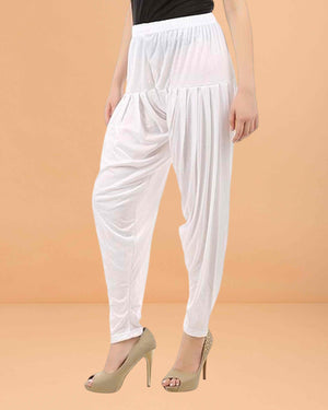Women's Relaxed Fit Cotton Viscose Lycra Dhoti Patiyala Salwar Harem Bottoms Pants for Women's - white