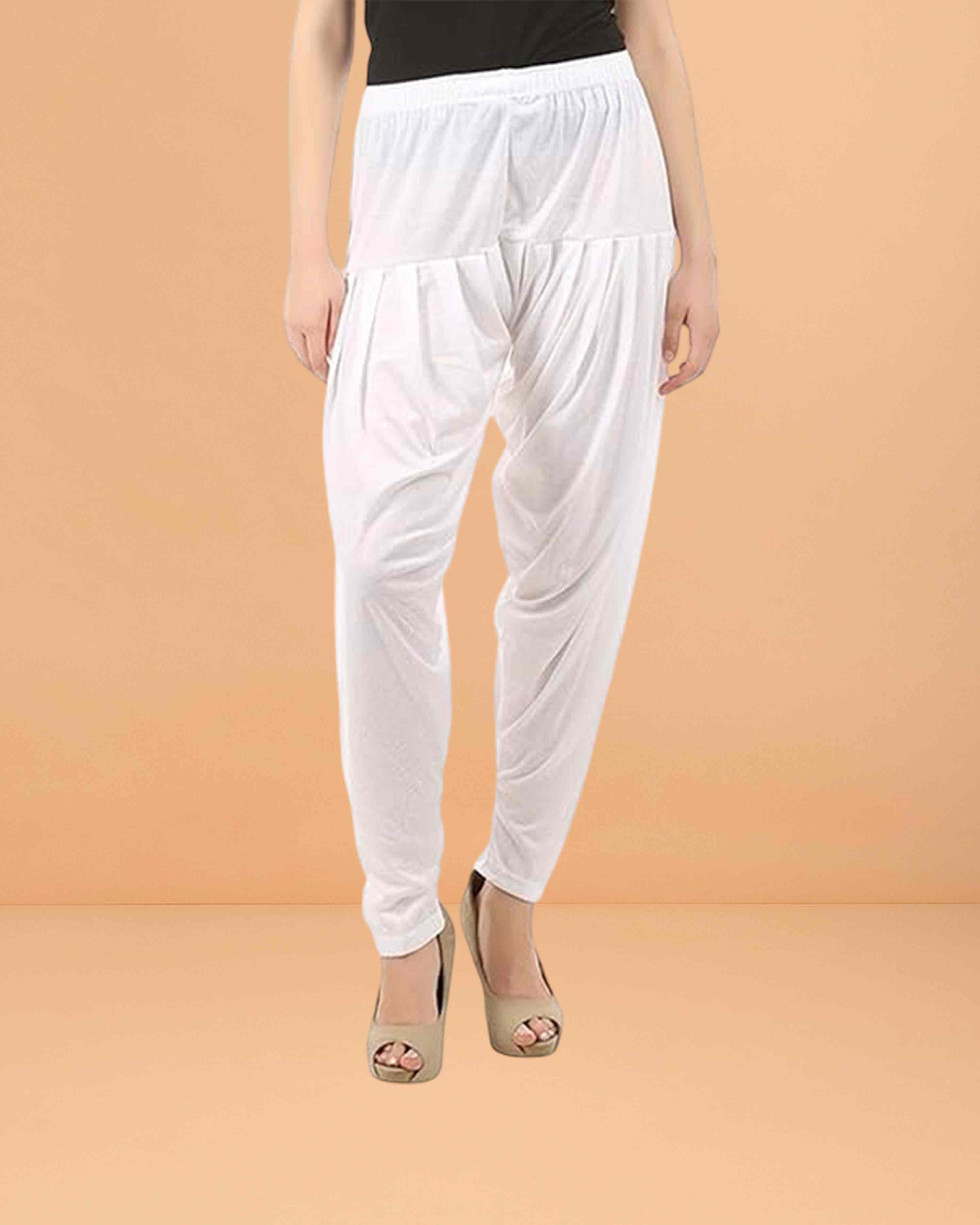 Women's Relaxed Fit Cotton Viscose Lycra Dhoti Patiyala Salwar Harem Bottoms Pants for Women's - white