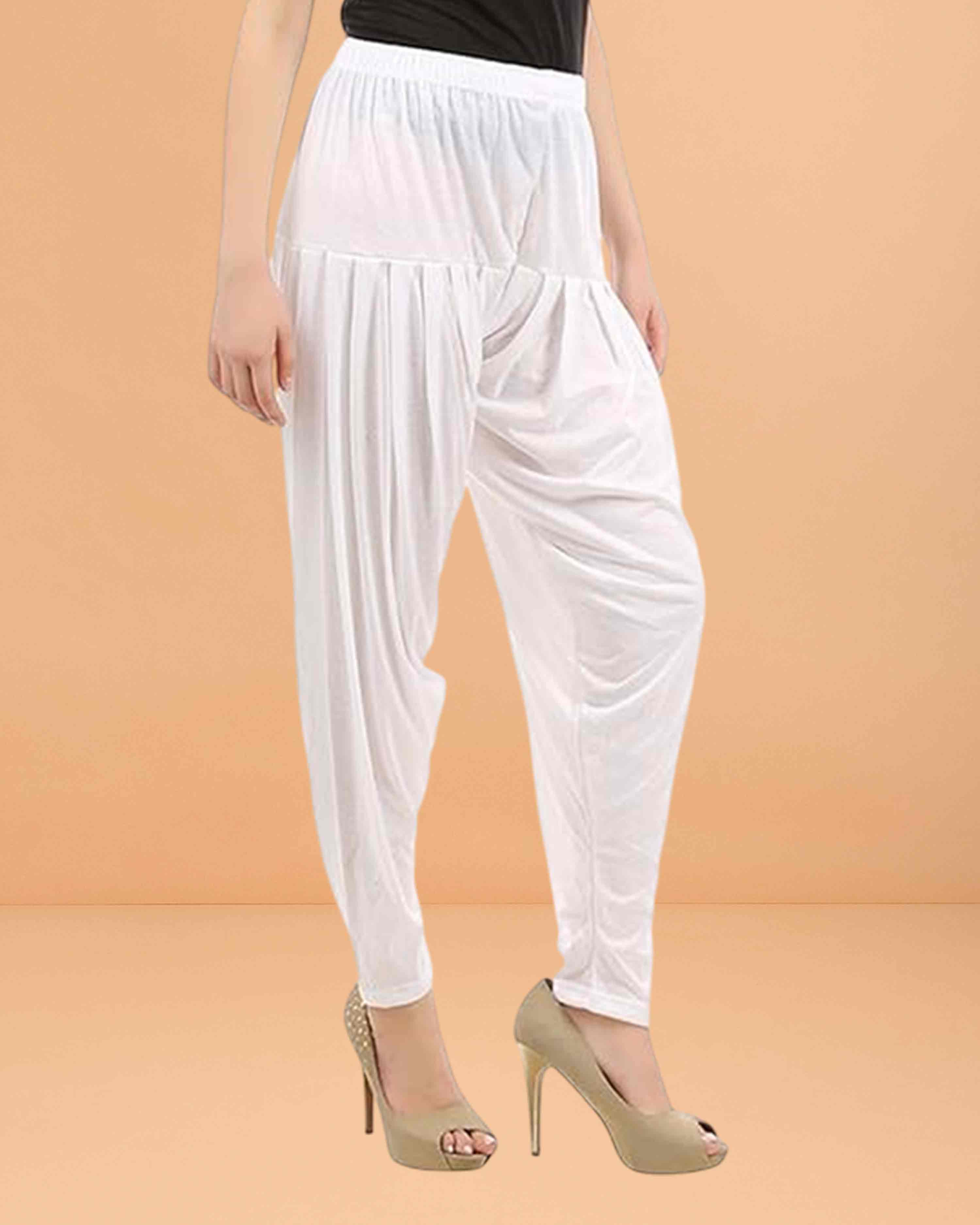 Women's Relaxed Fit Cotton Viscose Lycra Dhoti Patiyala Salwar Harem Bottoms Pants for Women's - white