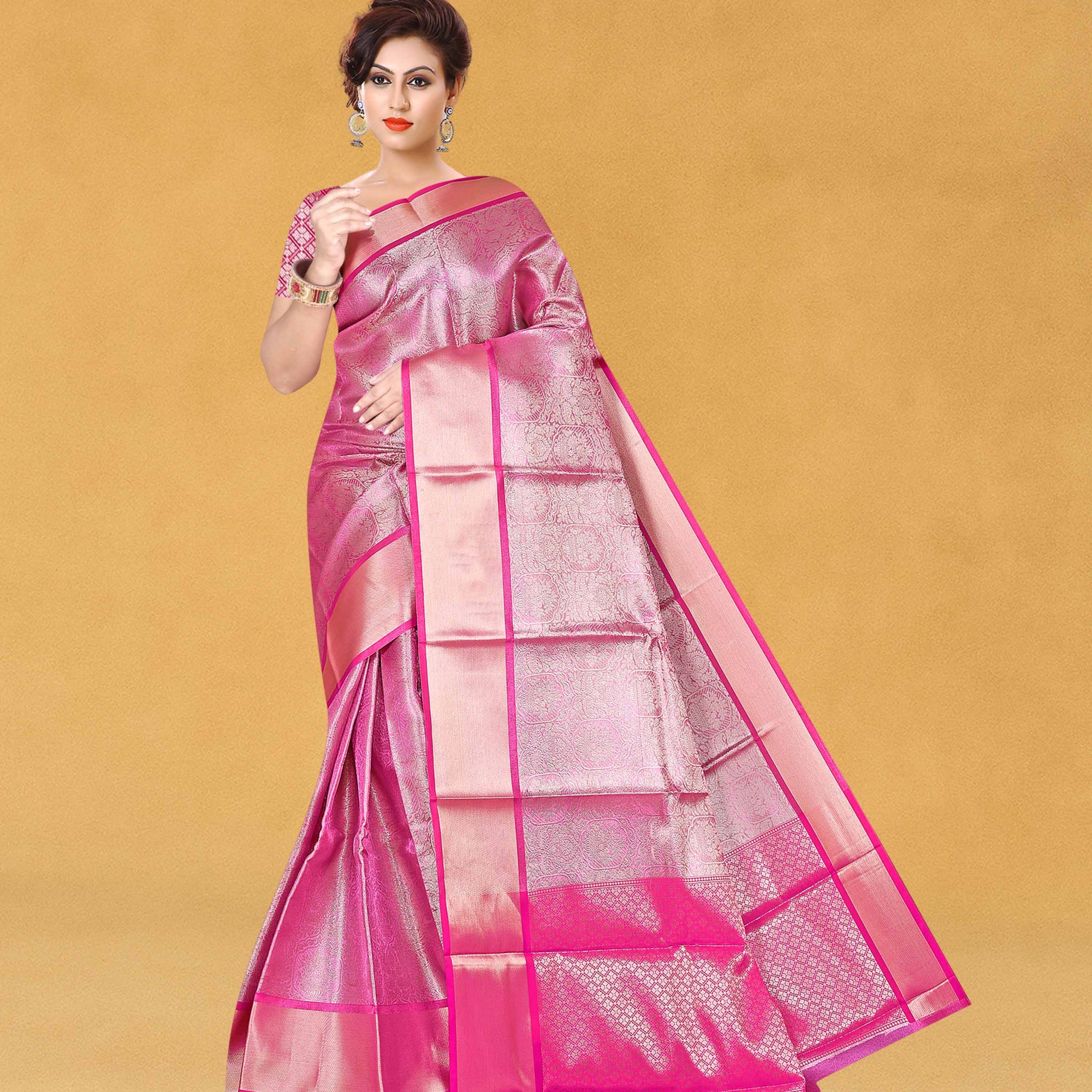 Women's Banarasi Traditional Tissue Saree - Pink