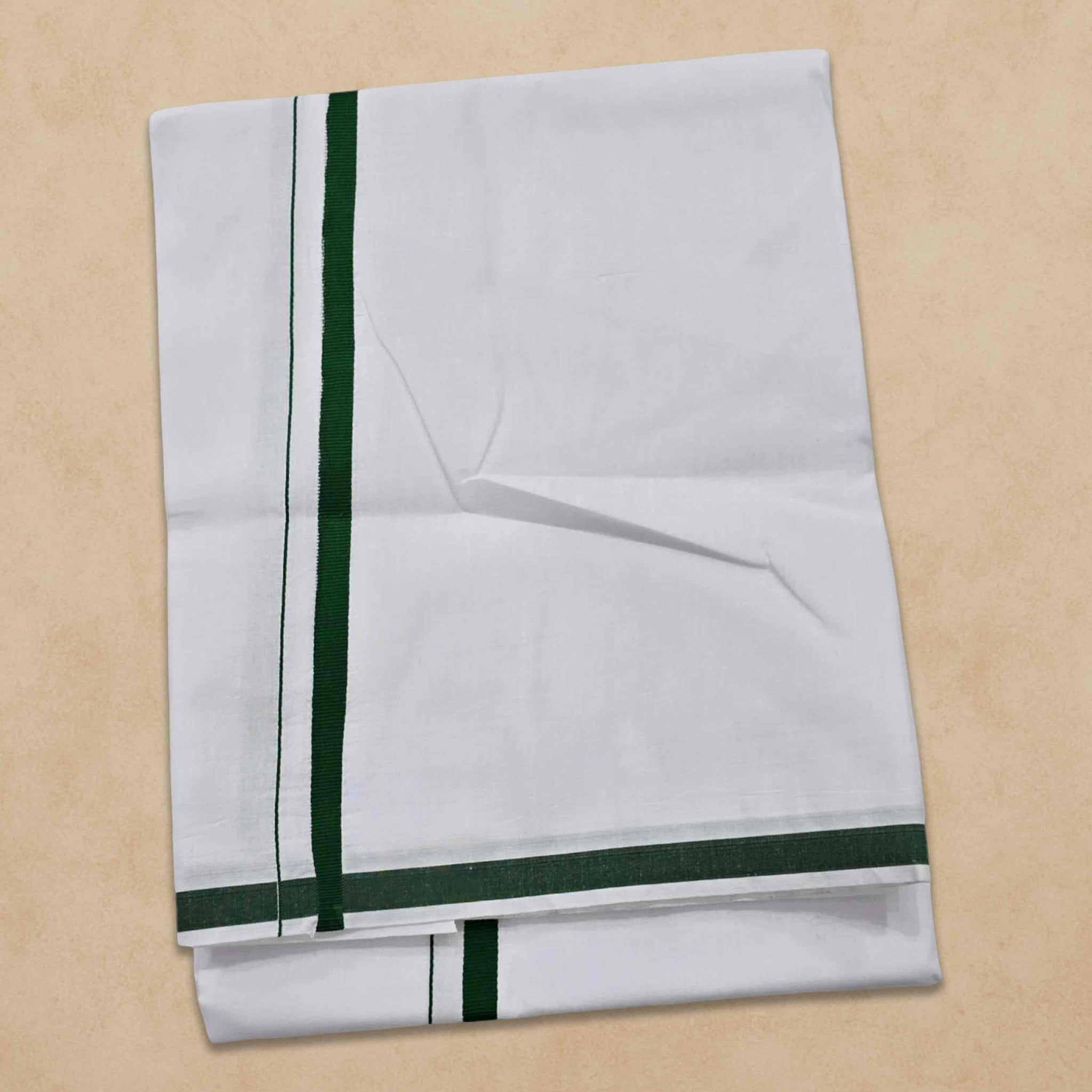 Pure Cotton White Dhoti With Colour Big Border for Men's | Dhoti for Pooja, Weddings and Other Festive Occasions - Bottle Green