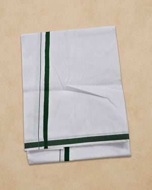 Pure Cotton White Dhoti With Colour Big Border for Men's | Dhoti for Pooja, Weddings and Other Festive Occasions - Bottle Green