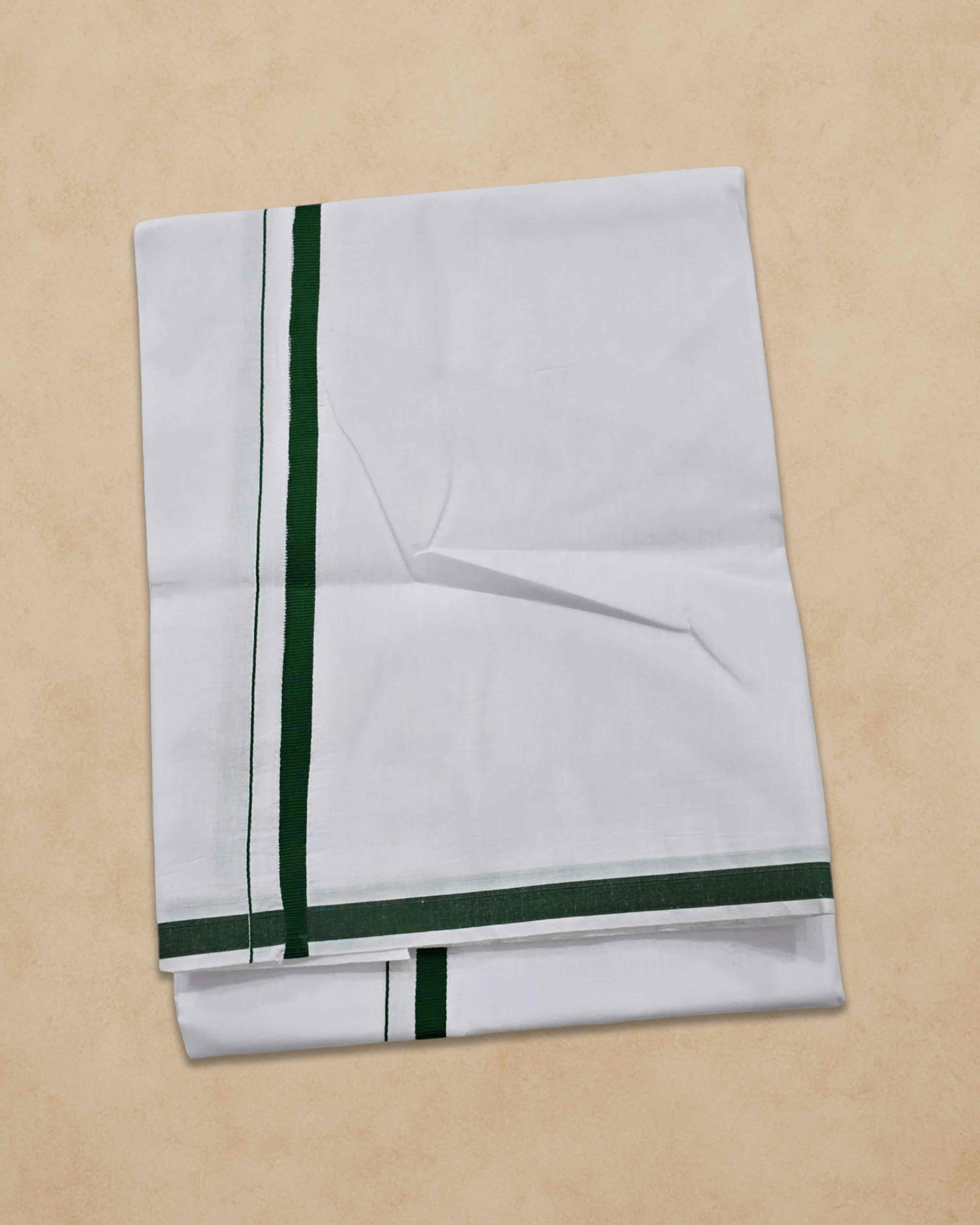 Pure Cotton White Dhoti With Colour Big Border for Men's | Dhoti for Pooja, Weddings and Other Festive Occasions - Bottle Green
