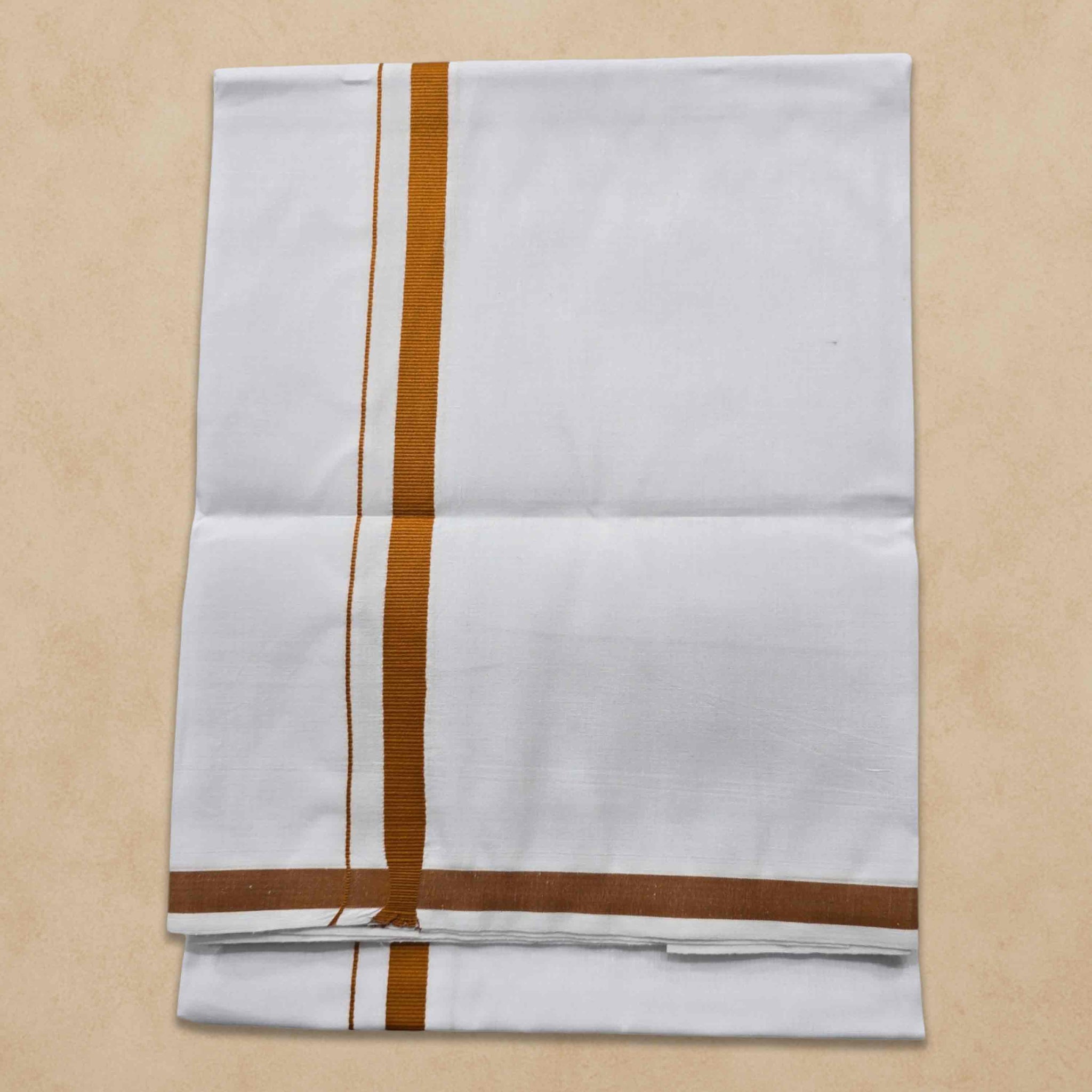 Pure Cotton White Dhoti With Colour Big Border for Men's | Dhoti for Pooja, Weddings and Other Festive Occasions - Brown