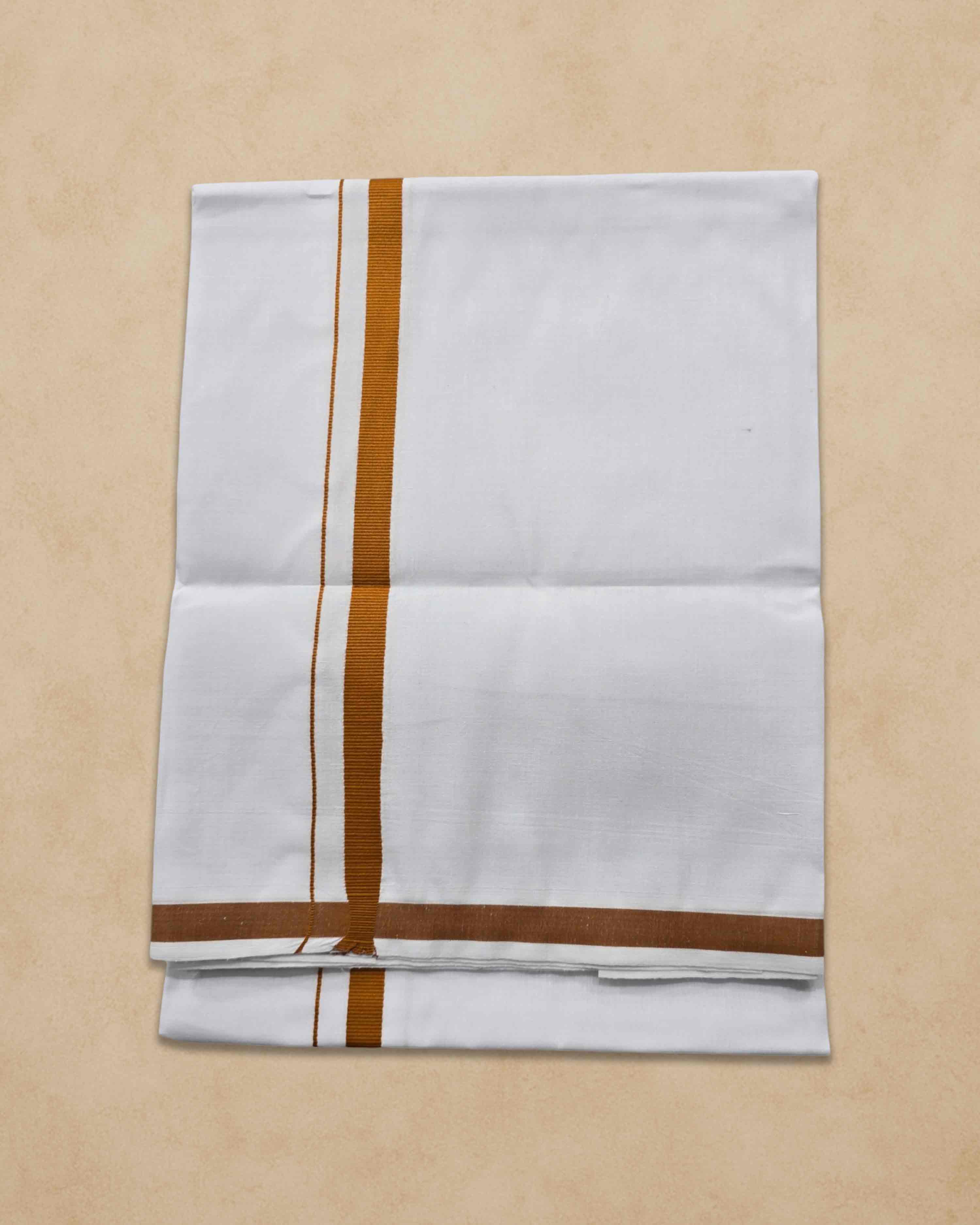 Pure Cotton White Dhoti With Colour Big Border for Men's | Dhoti for Pooja, Weddings and Other Festive Occasions - Brown