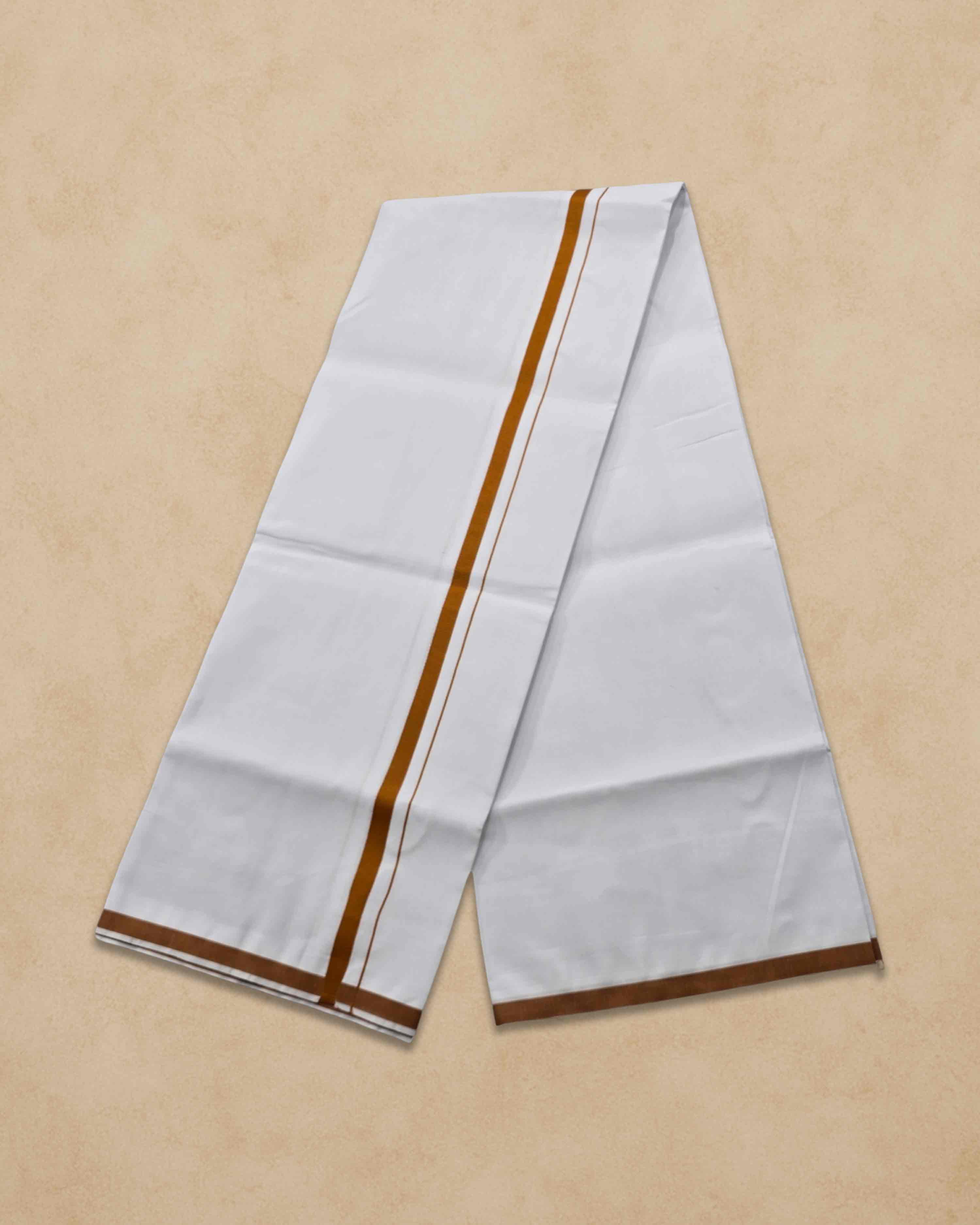 Pure Cotton White Dhoti With Colour Big Border for Men's | Dhoti for Pooja, Weddings and Other Festive Occasions - Brown