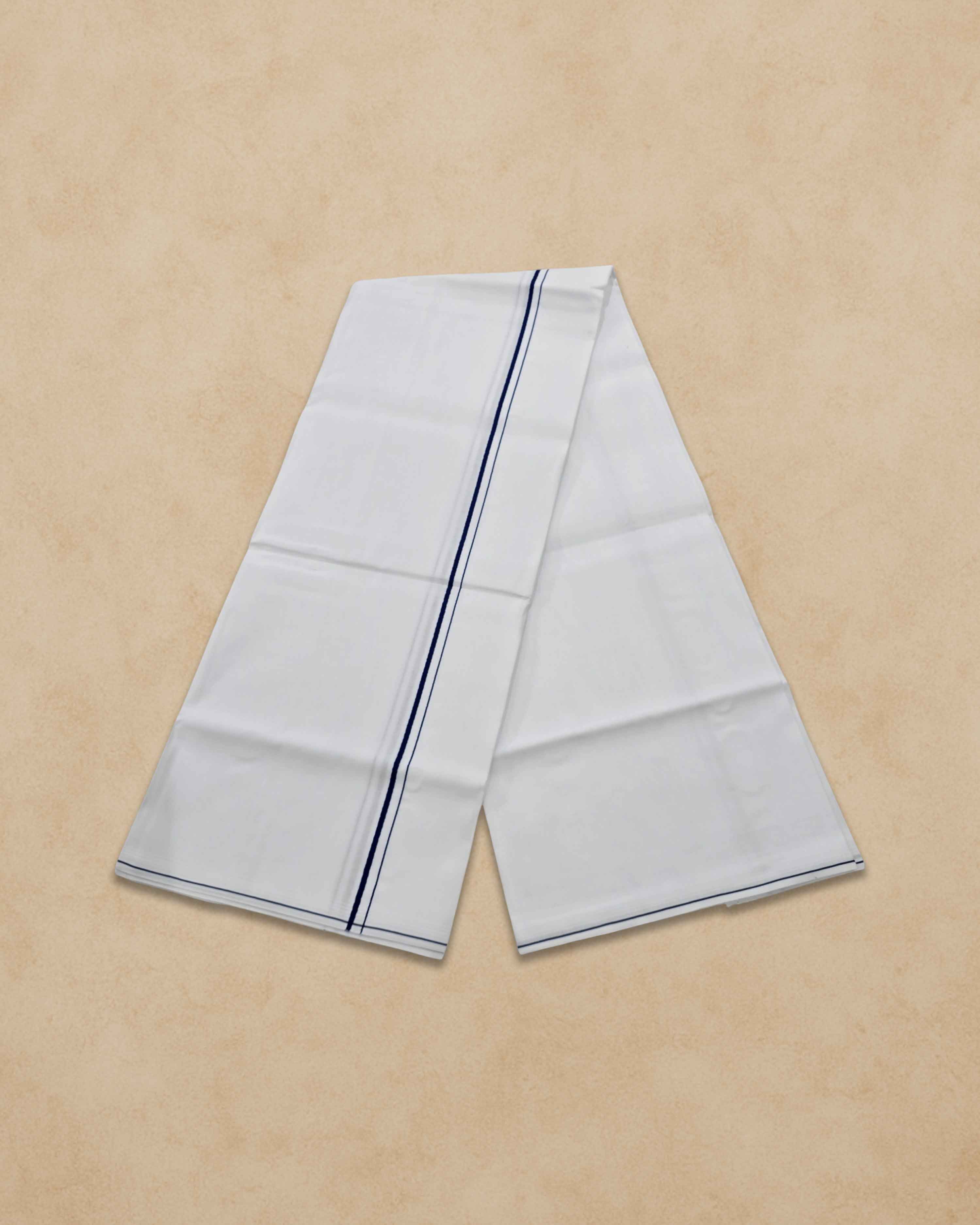 Pure Cotton White Dhoti With Colour small Border for Men's | Dhoti for Pooja, Weddings and Other Festive Occasions - Dark blue