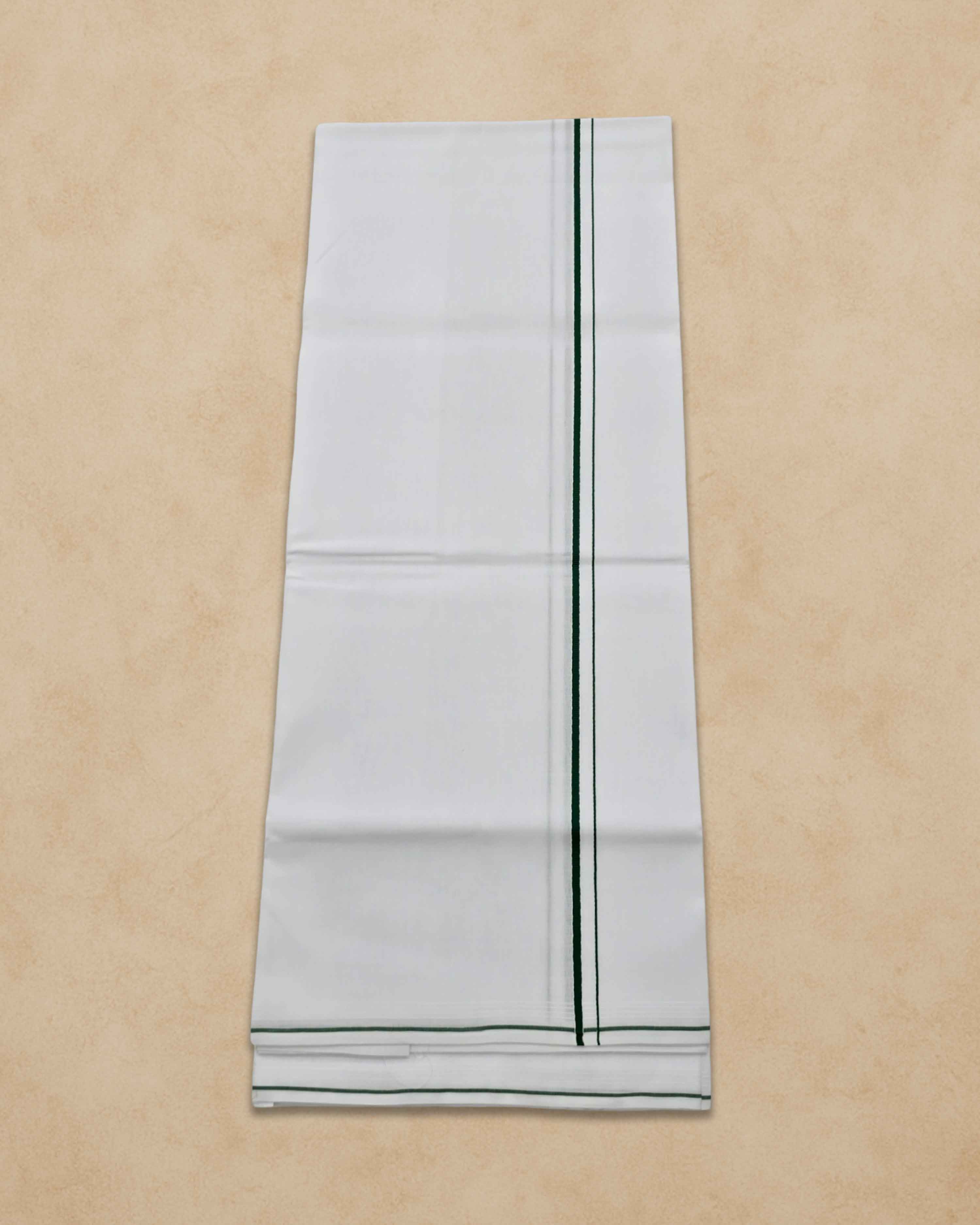 Pure Cotton White Dhoti With Colour small Border for Men's | Dhoti for Pooja, Weddings and Other Festive Occasions - Dark green