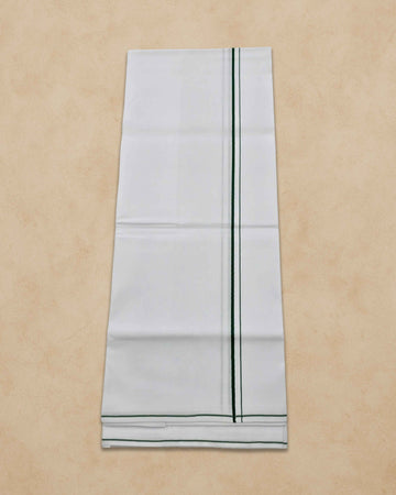Pure Cotton White Dhoti With Colour small Border for Men's | Dhoti for Pooja, Weddings and Other Festive Occasions - Dark green
