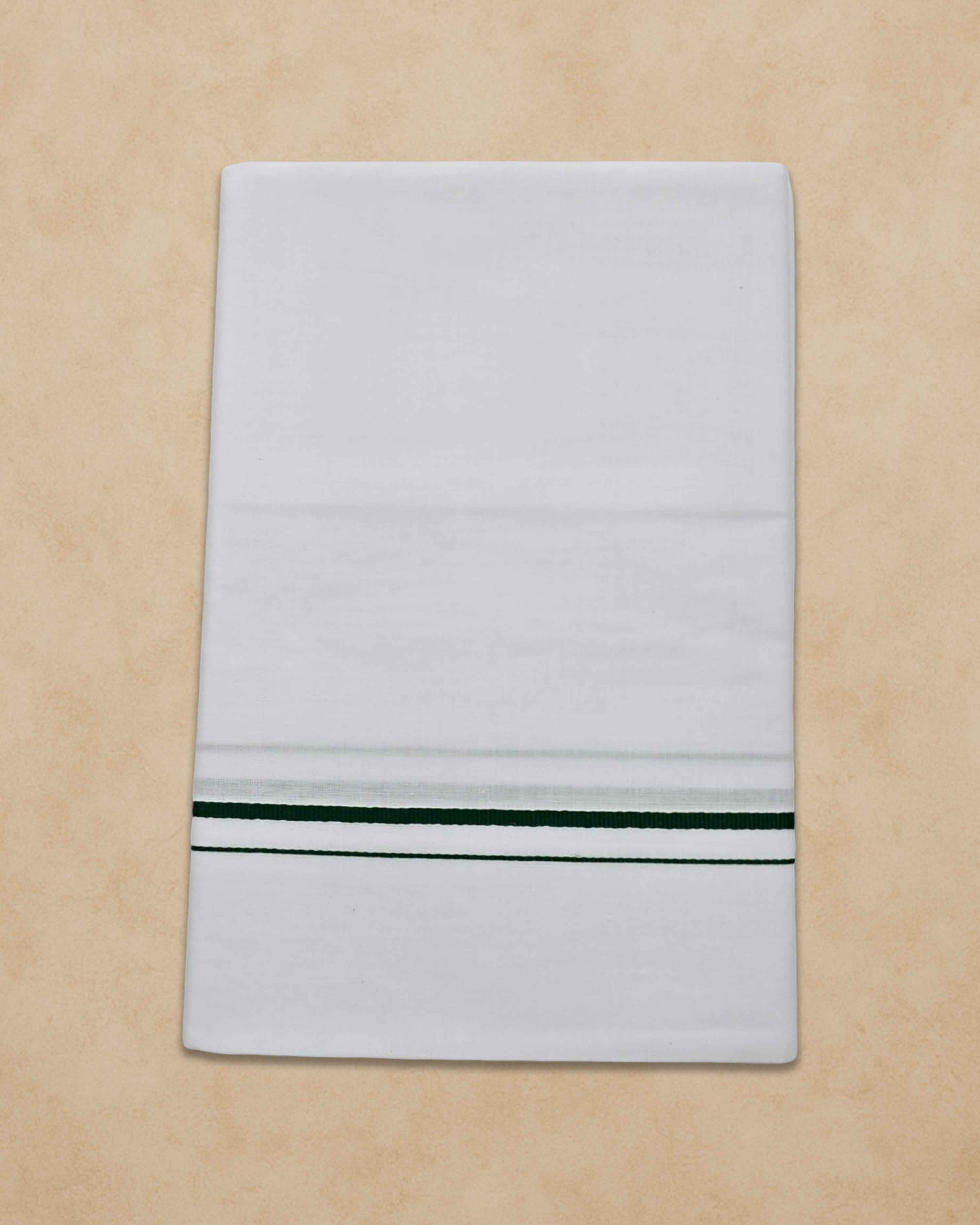 Pure Cotton White Dhoti With Colour small Border for Men's | Dhoti for Pooja, Weddings and Other Festive Occasions - Dark green