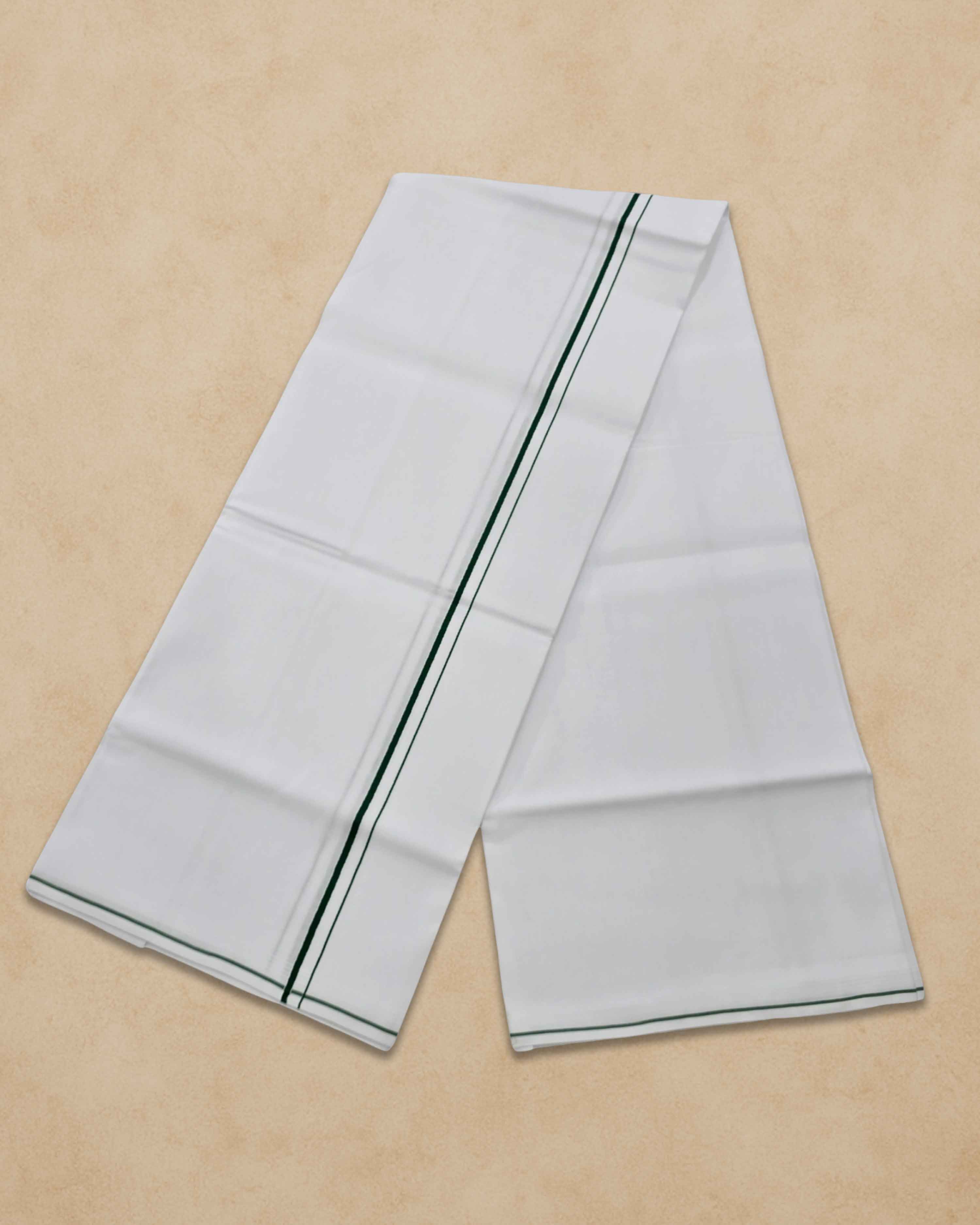 Pure Cotton White Dhoti With Colour small Border for Men's | Dhoti for Pooja, Weddings and Other Festive Occasions - Dark green