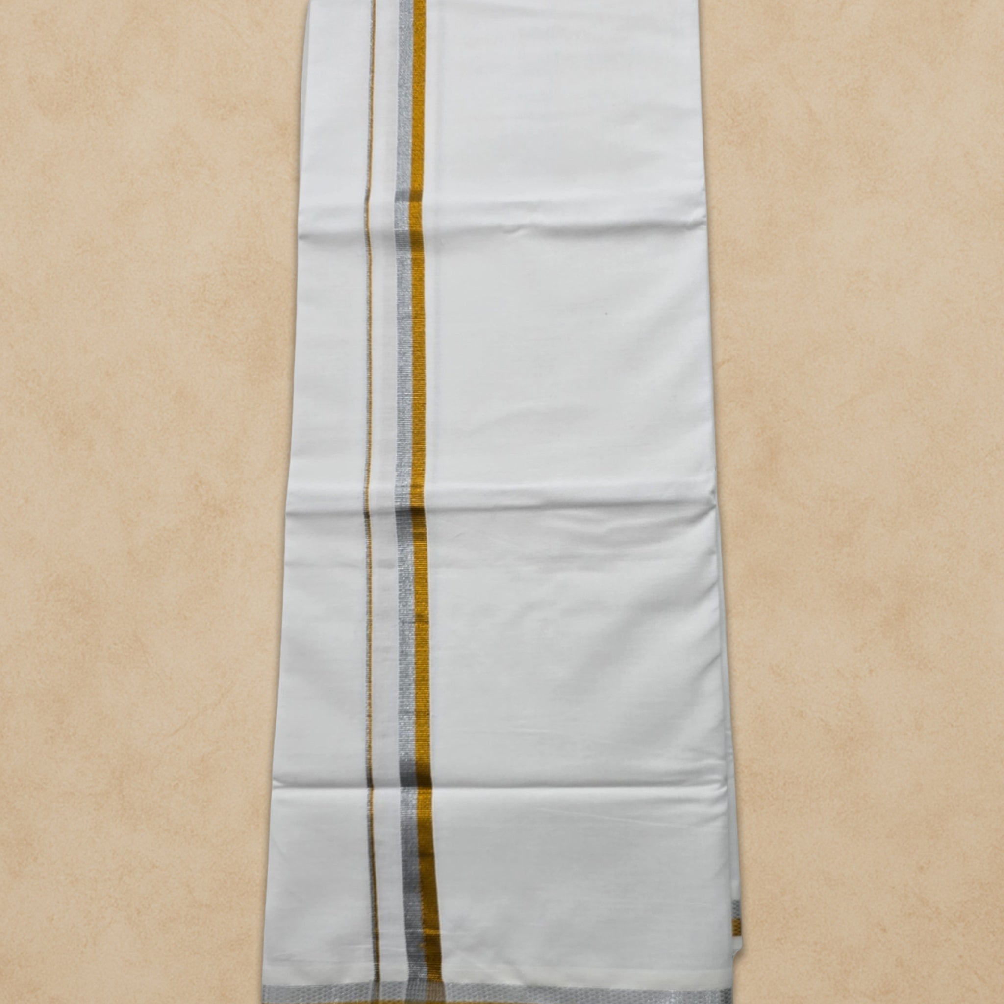 Pure Cotton White Dhoti With Colour Big Border For Men's | Dhoti For Pooja, Weddings And Other Festive Occasions - Gold With Silver