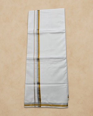 Pure Cotton White Dhoti With Colour Big Border For Men's | Dhoti For Pooja, Weddings And Other Festive Occasions - Gold With Silver