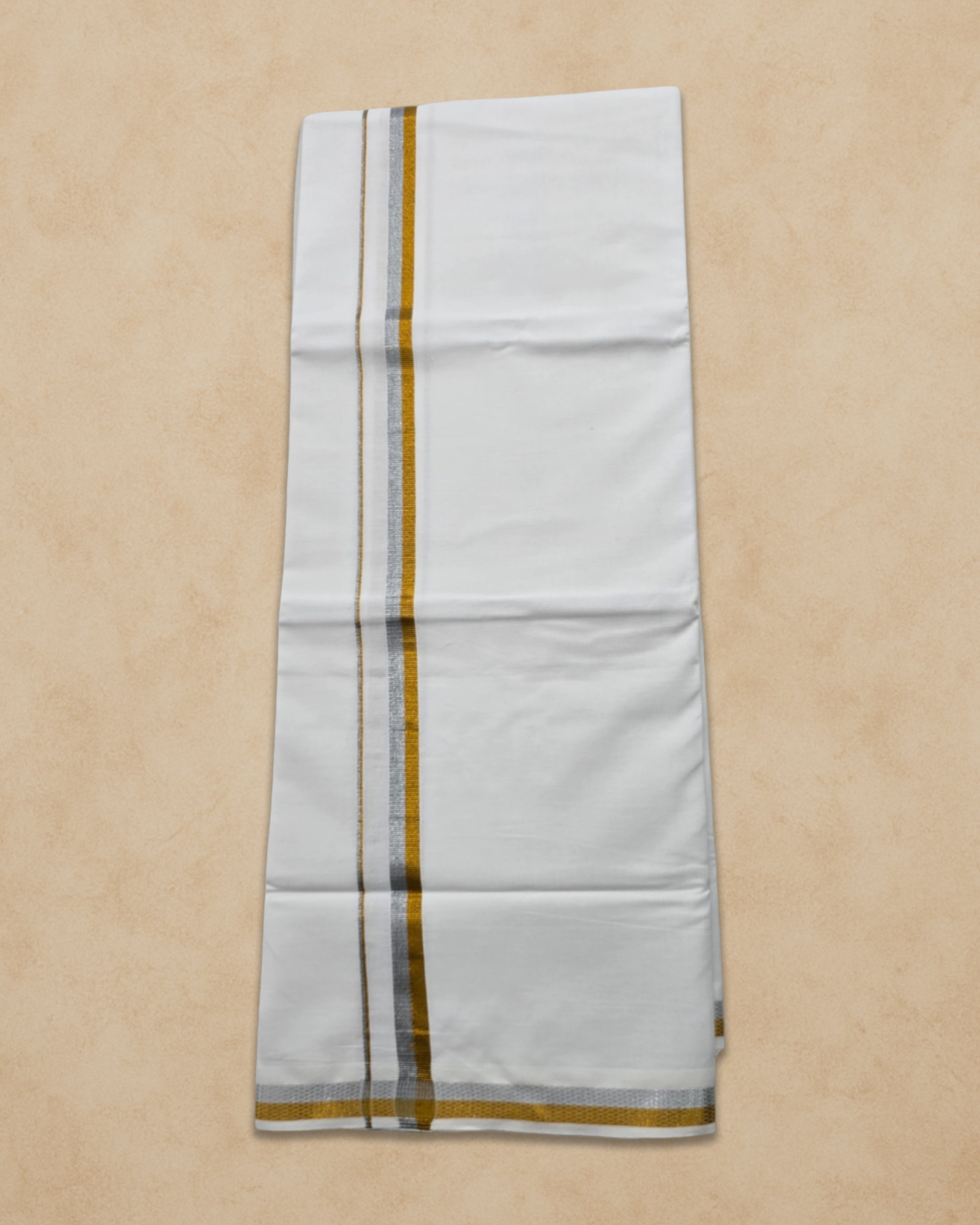 Pure Cotton White Dhoti With Colour Big Border For Men's | Dhoti For Pooja, Weddings And Other Festive Occasions - Gold With Silver