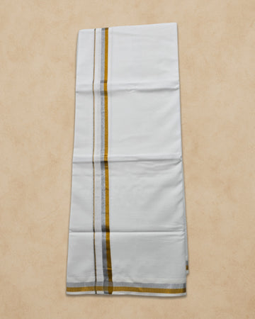 Pure Cotton White Dhoti With Colour Big Border For Men's | Dhoti For Pooja, Weddings And Other Festive Occasions - Gold With Silver