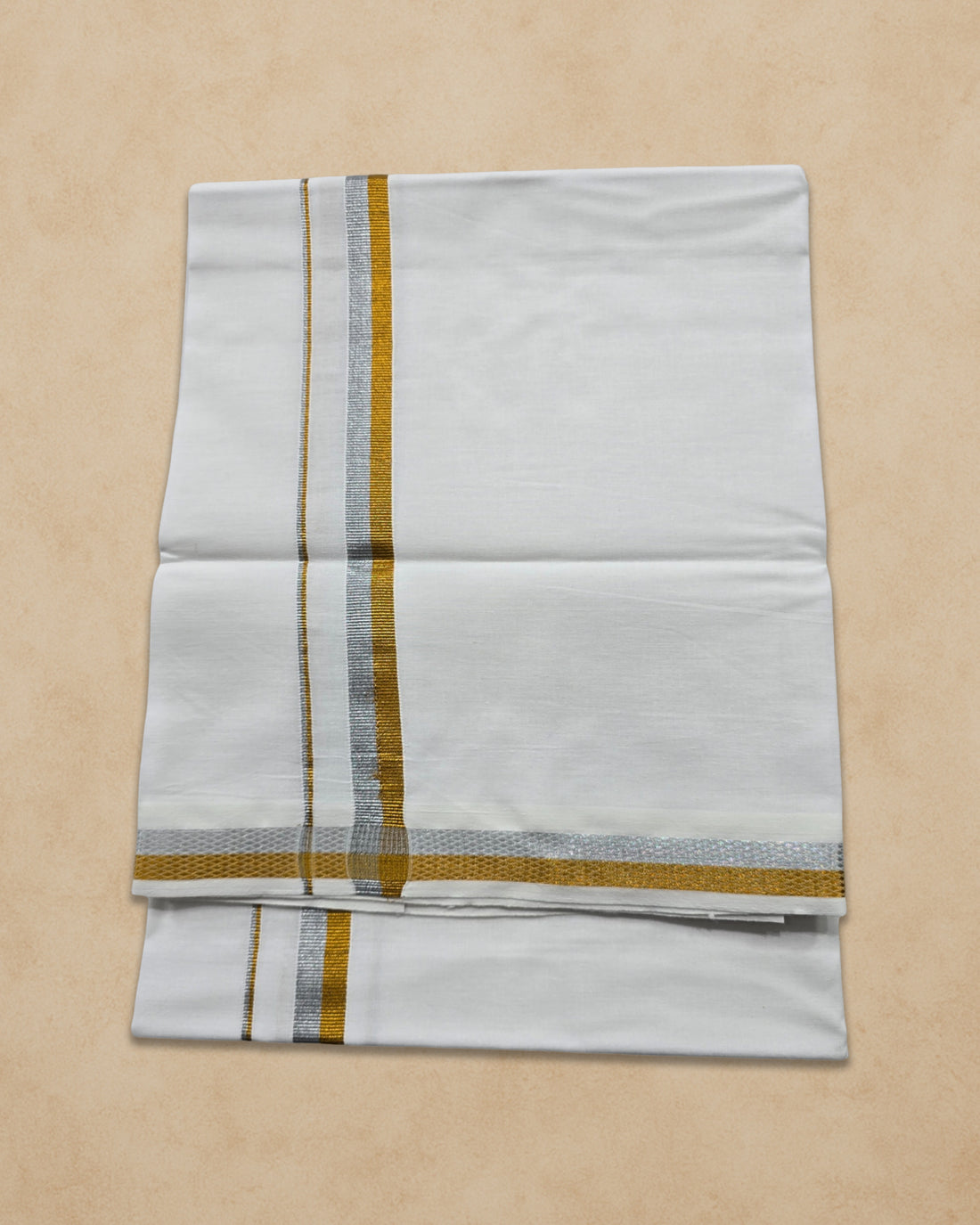 Pure Cotton White Dhoti With Colour Big Border For Men's | Dhoti For Pooja, Weddings And Other Festive Occasions - Gold With Silver