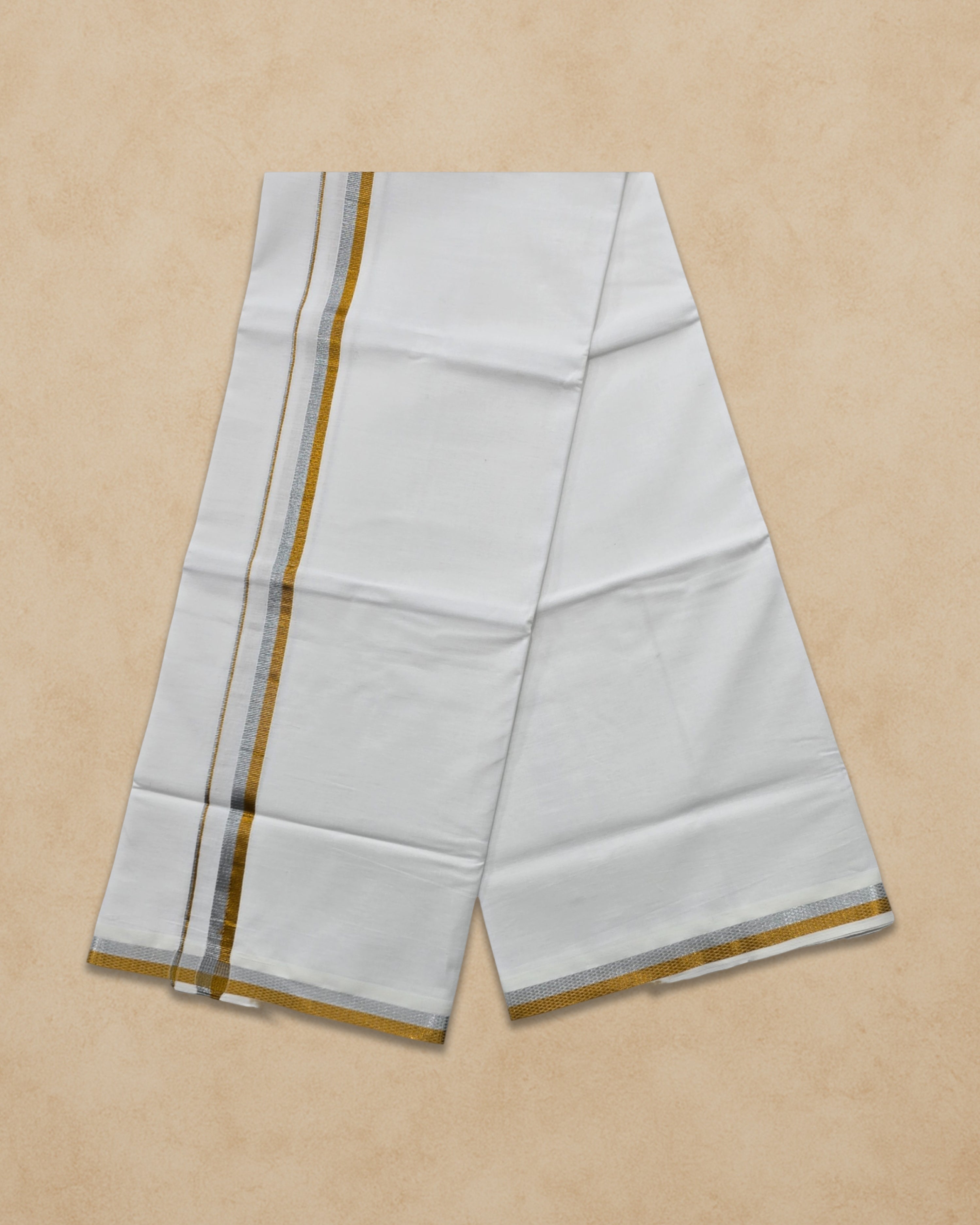 Pure Cotton White Dhoti With Colour Big Border For Men's | Dhoti For Pooja, Weddings And Other Festive Occasions - Gold With Silver