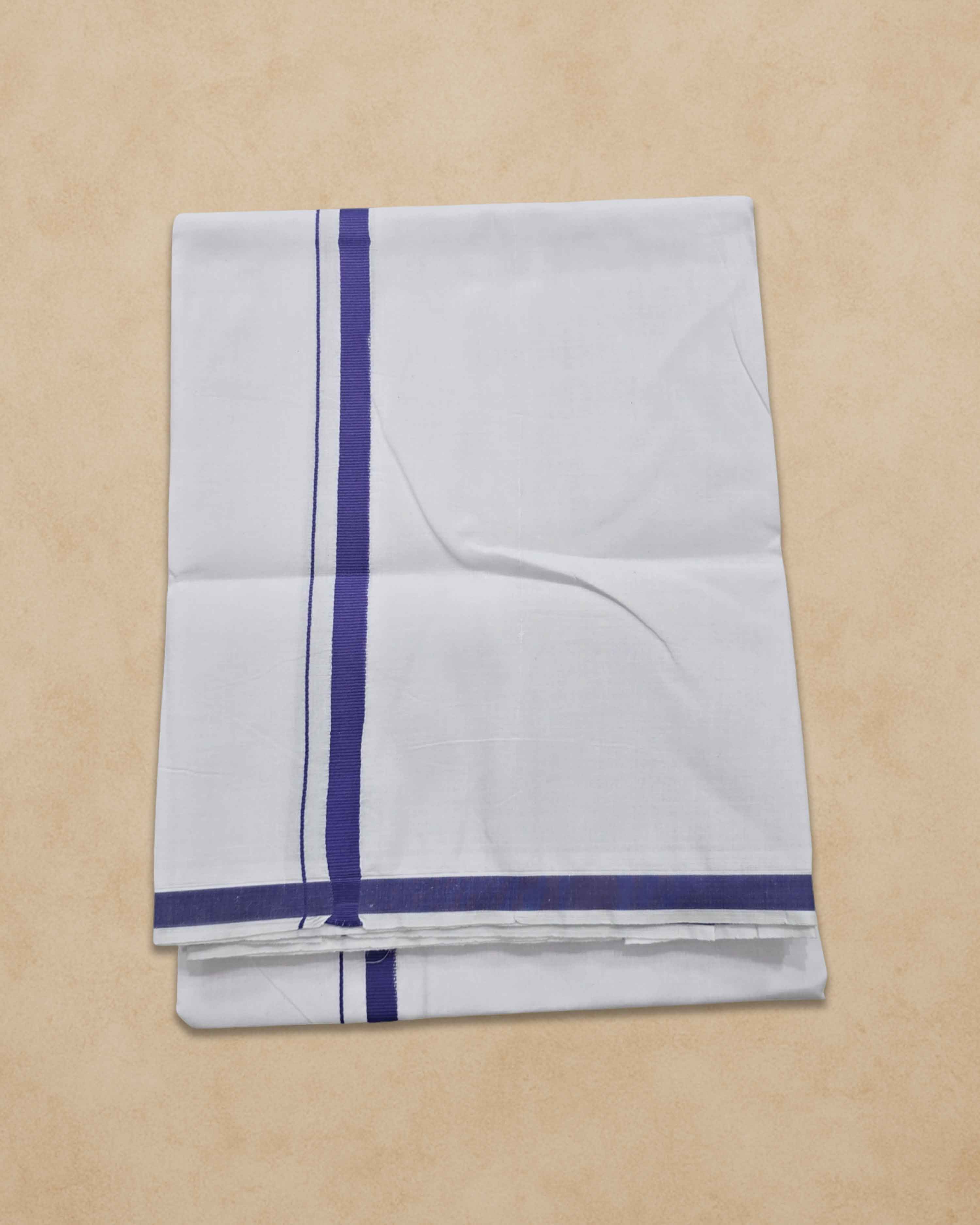 Pure Cotton White Dhoti With Colour Border For Men's | Dhoti For Pooja, Weddings And Other Festive Occasions - Ink Blue