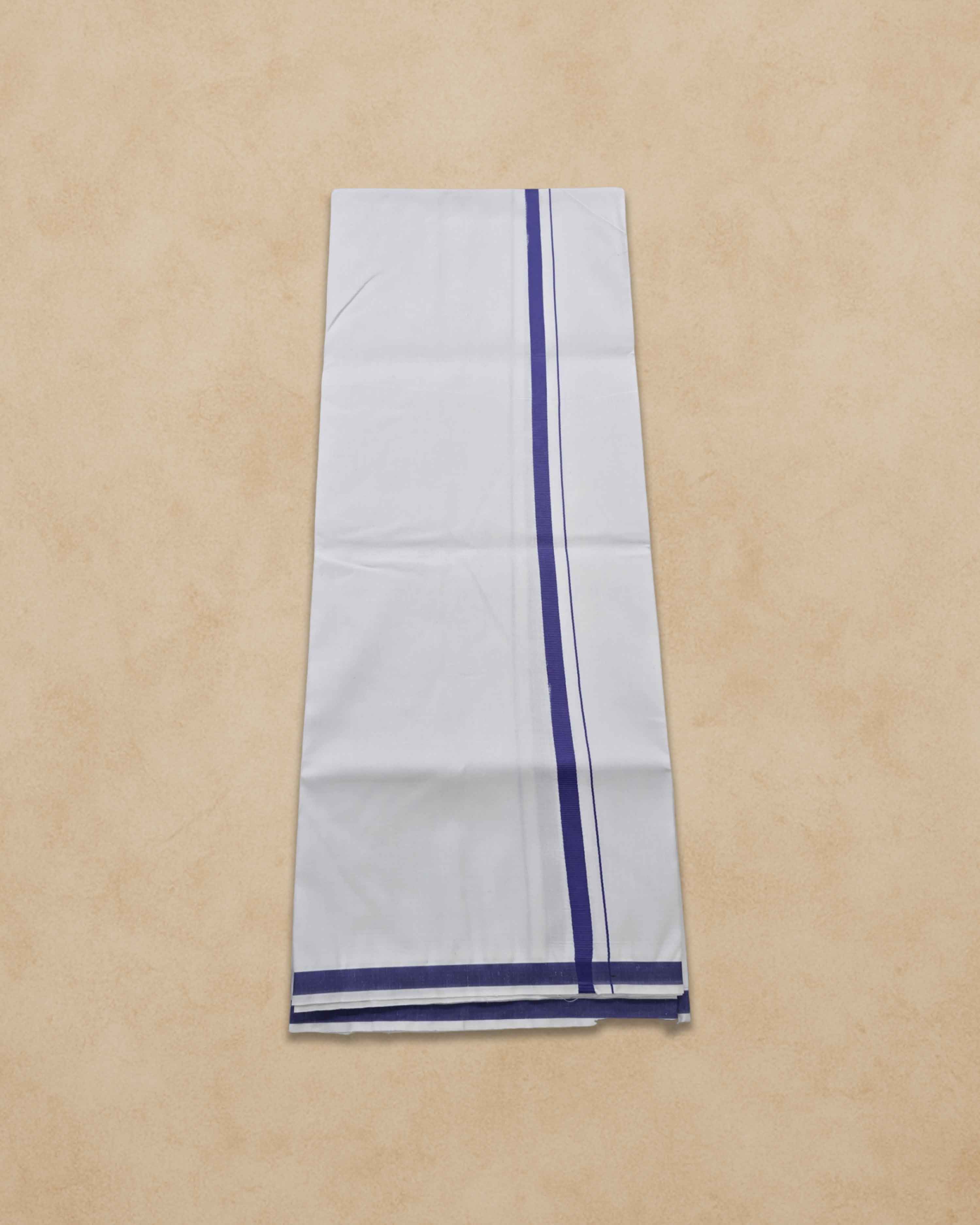 Pure Cotton White Dhoti With Colour Border For Men's | Dhoti For Pooja, Weddings And Other Festive Occasions - Ink Blue