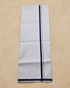Pure Cotton White Dhoti With Colour Big Border For Men's | Dhoti For Pooja, Weddings And Other Festive Occasions - Navy Blue