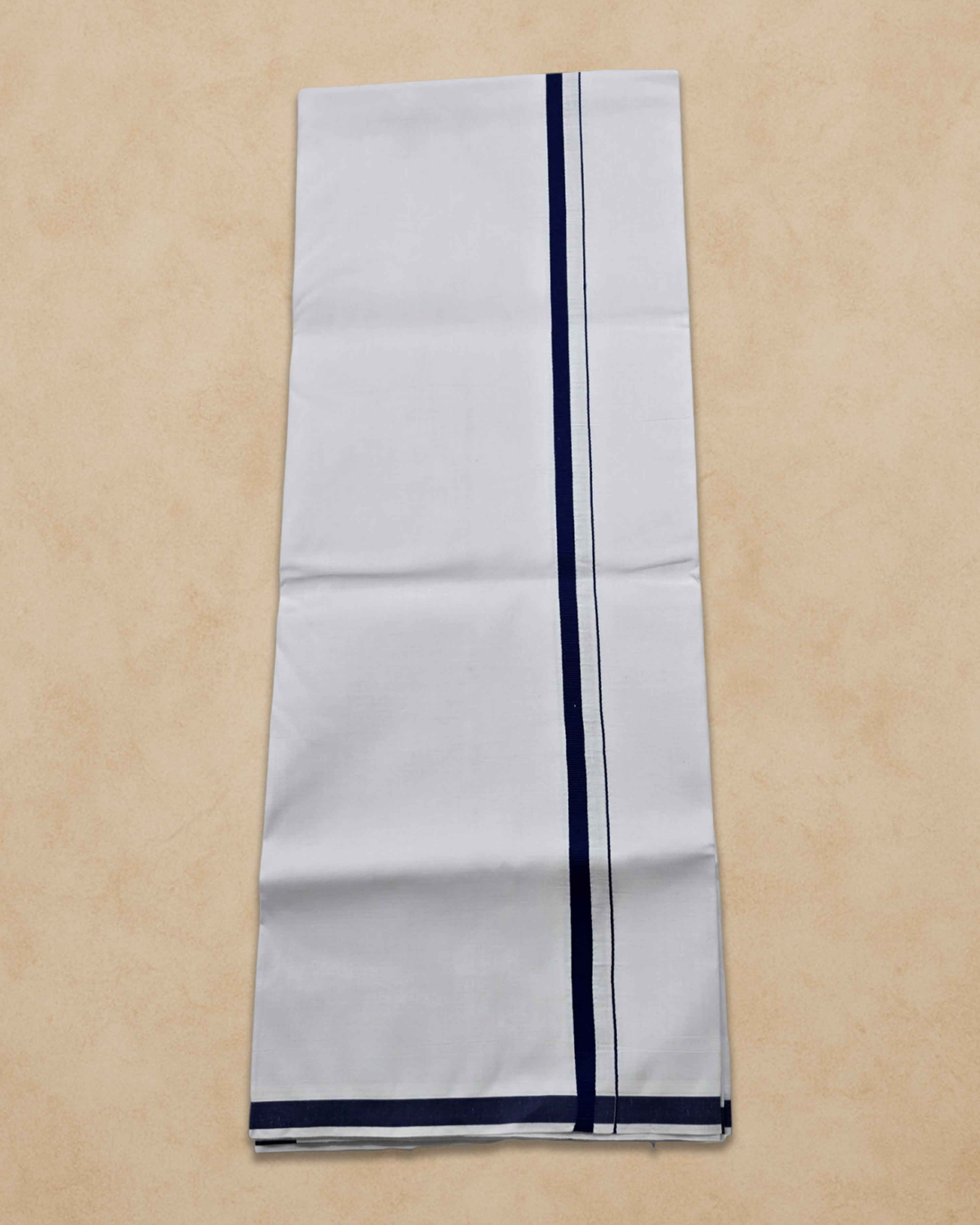 Pure Cotton White Dhoti With Colour Big Border For Men's | Dhoti For Pooja, Weddings And Other Festive Occasions - Navy blue