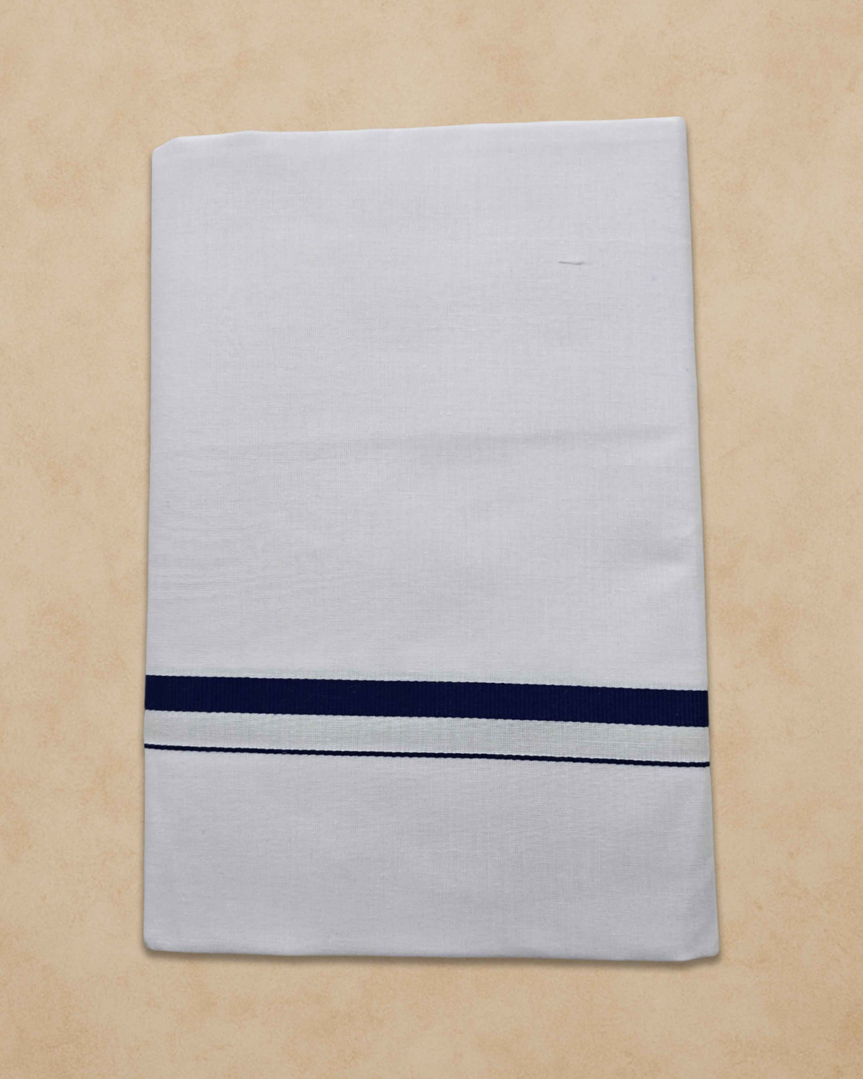 Pure Cotton White Dhoti With Colour Big Border For Men's | Dhoti For Pooja, Weddings And Other Festive Occasions - Navy blue