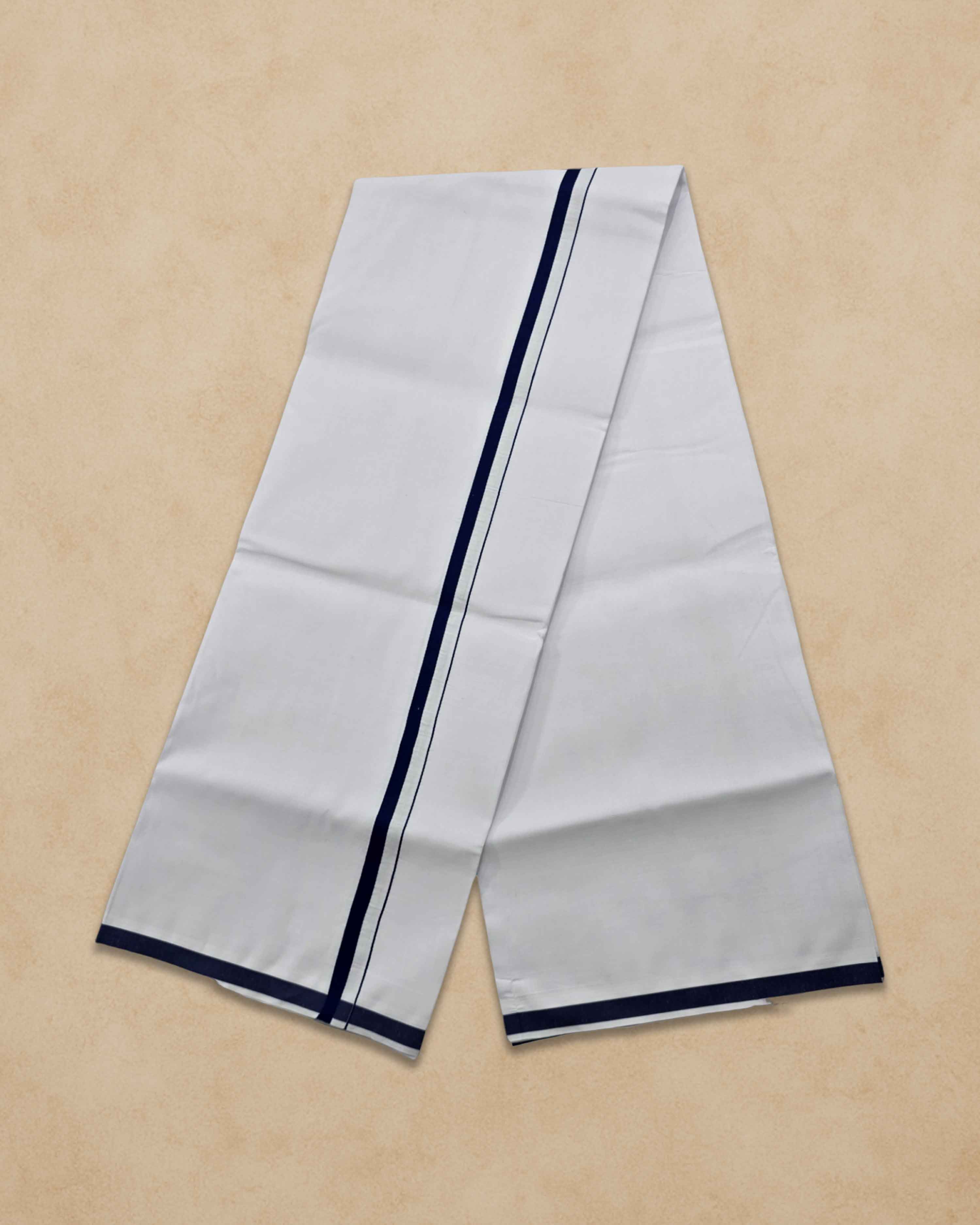 Pure Cotton White Dhoti With Colour Big Border For Men's | Dhoti For Pooja, Weddings And Other Festive Occasions - Navy blue