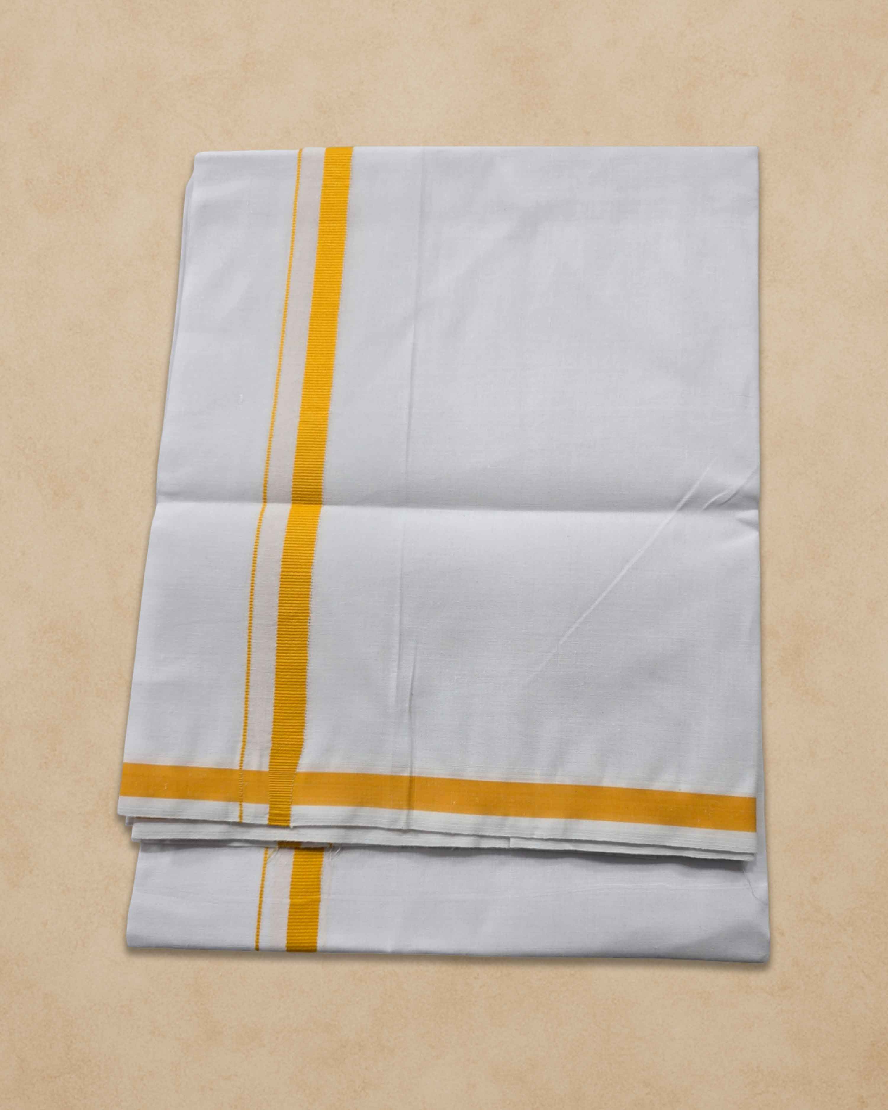 Pure Cotton White Dhoti With Colour Big Border For Men's | Dhoti For Pooja, Weddings And Other Festive Occasions - Yellow
