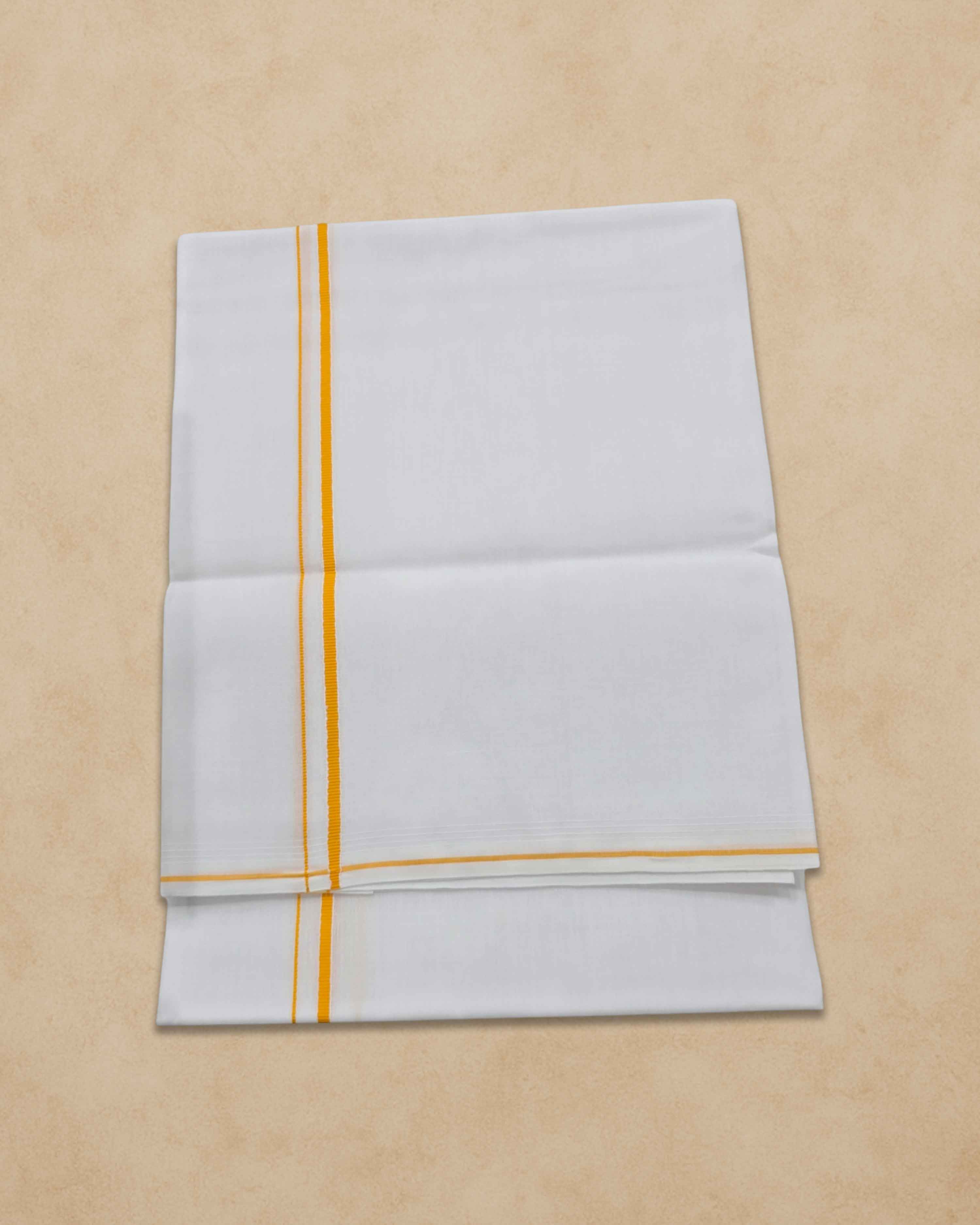 Pure Cotton White Dhoti With Colour small Border for Men's | Dhoti for Pooja, Weddings and Other Festive Occasions - Yellow