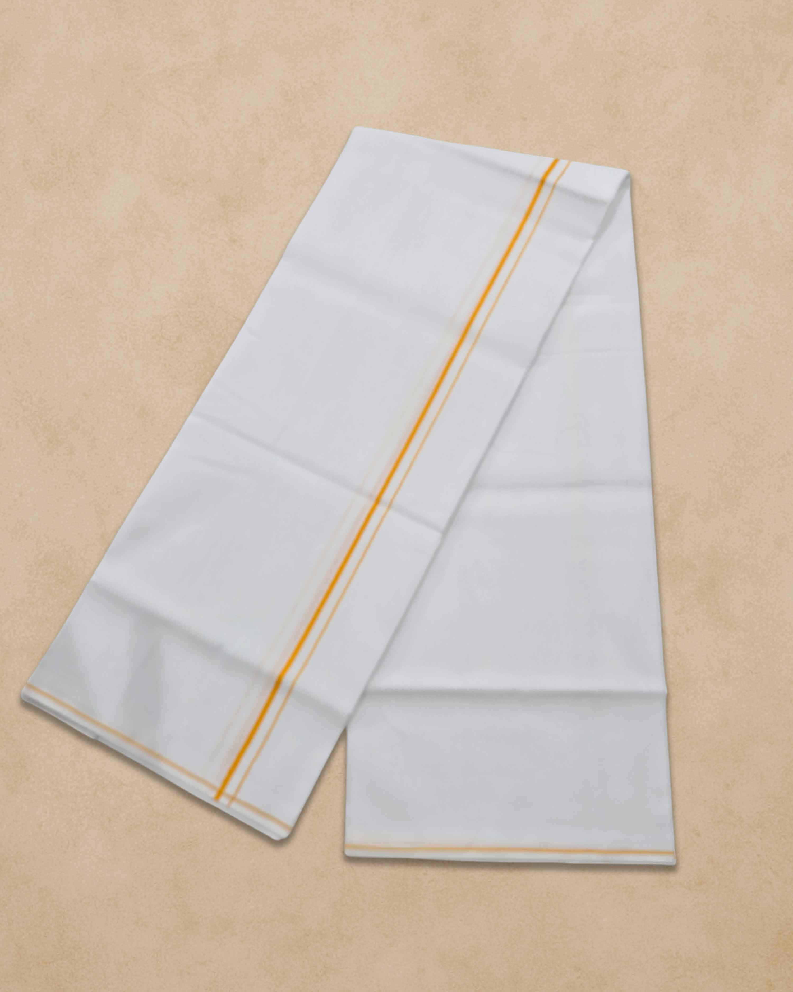 Pure Cotton White Dhoti With Colour small Border for Men's | Dhoti for Pooja, Weddings and Other Festive Occasions - Yellow
