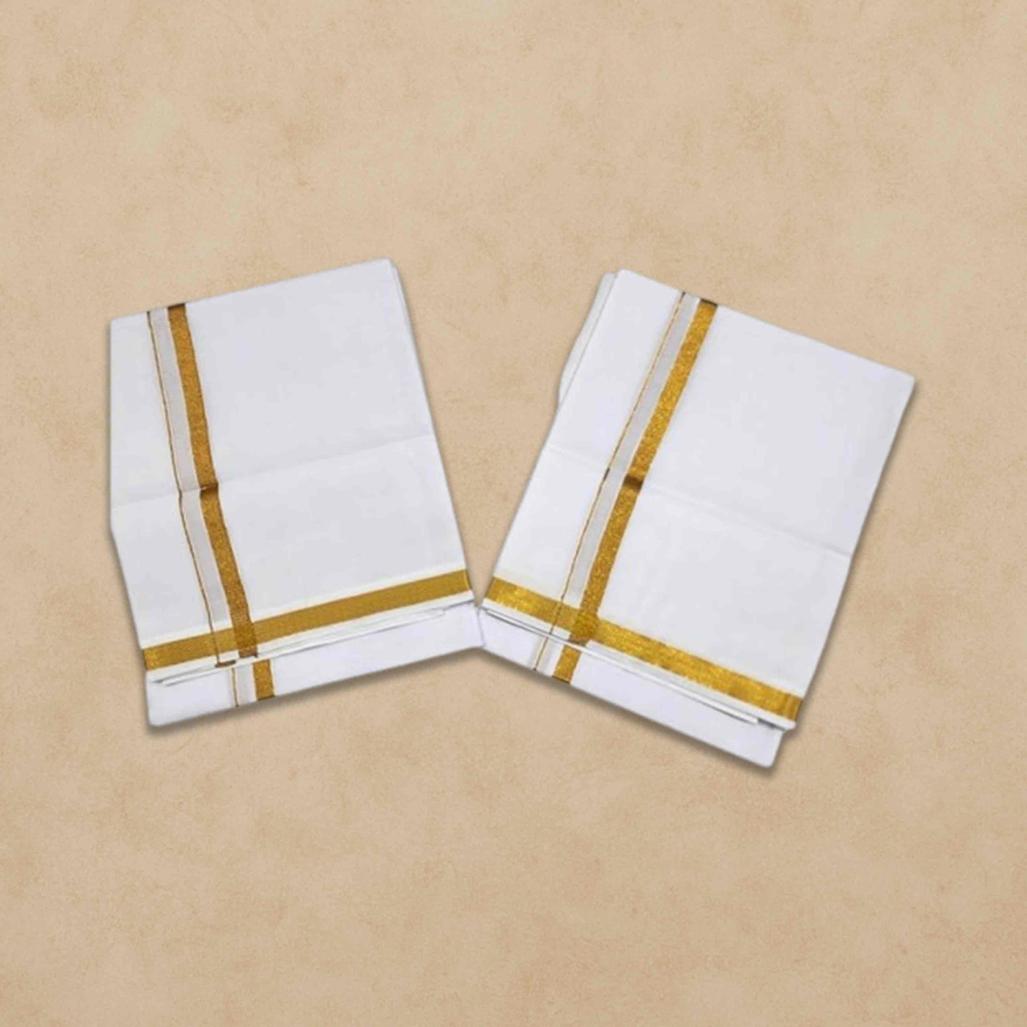 Vimayam Pure Cotton Off White Dhoties, Golden Jari Cotton 4 Meter Dhoti and 2.25 Meter Towel Set 9X5