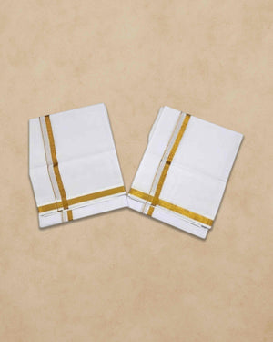 Vimayam Pure Cotton Off White Dhoties, Golden Jari Cotton 4 Meter Dhoti and 2.25 Meter Towel Set 9X5
