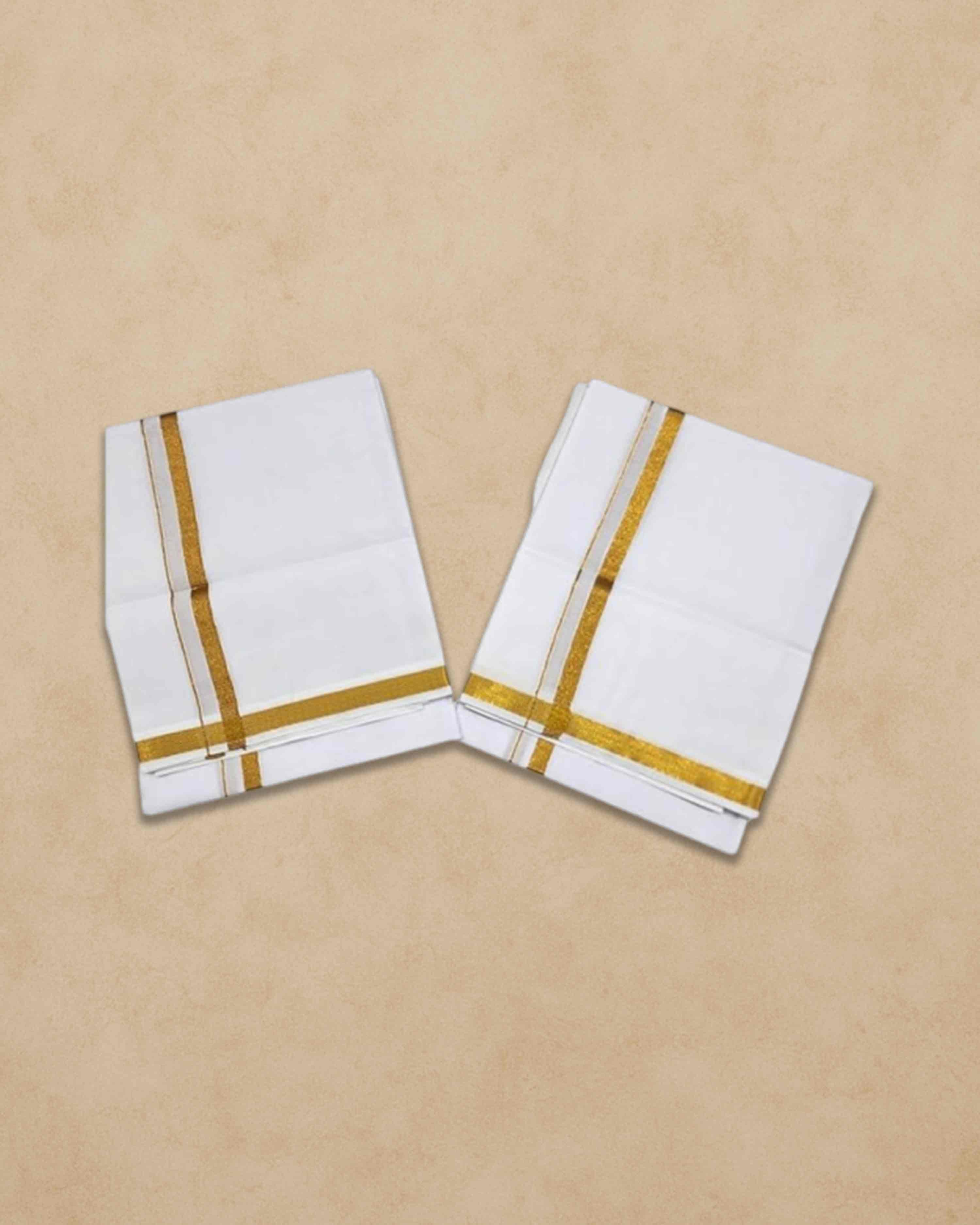 Vimayam Pure Cotton Off White Dhoties, Golden Jari Cotton 4 Meter Dhoti and 2.25 Meter Towel Set 9X5
