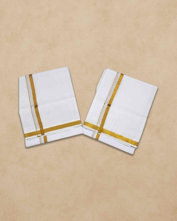 Vimayam Pure Cotton Off White Dhoties, Golden Jari Cotton 4 Meter Dhoti and 2.25 Meter Towel Set 9X5
