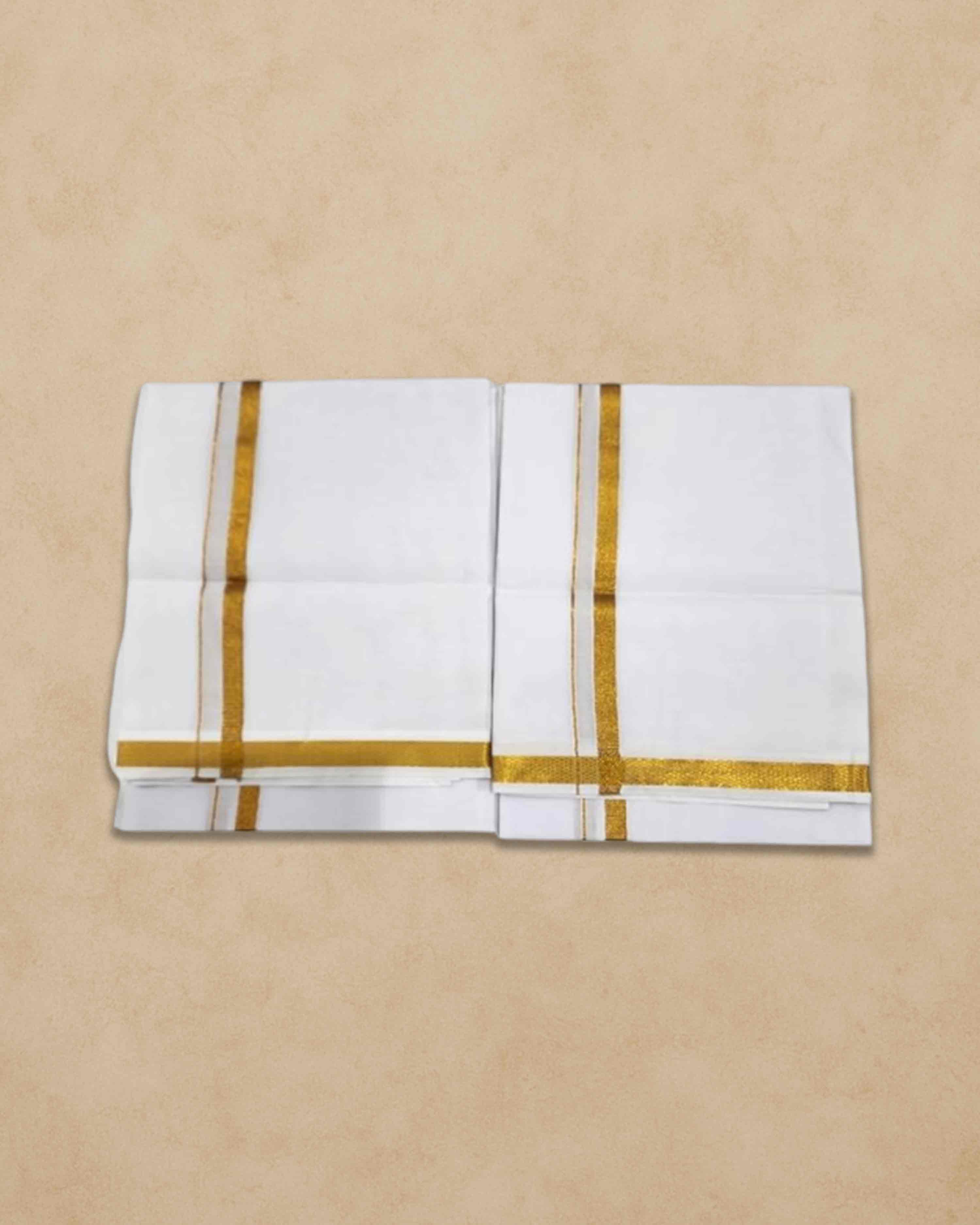 Vimayam Pure Cotton Off White Dhoties, Golden Jari Cotton 4 Meter Dhoti and 2.25 Meter Towel Set 9X5
