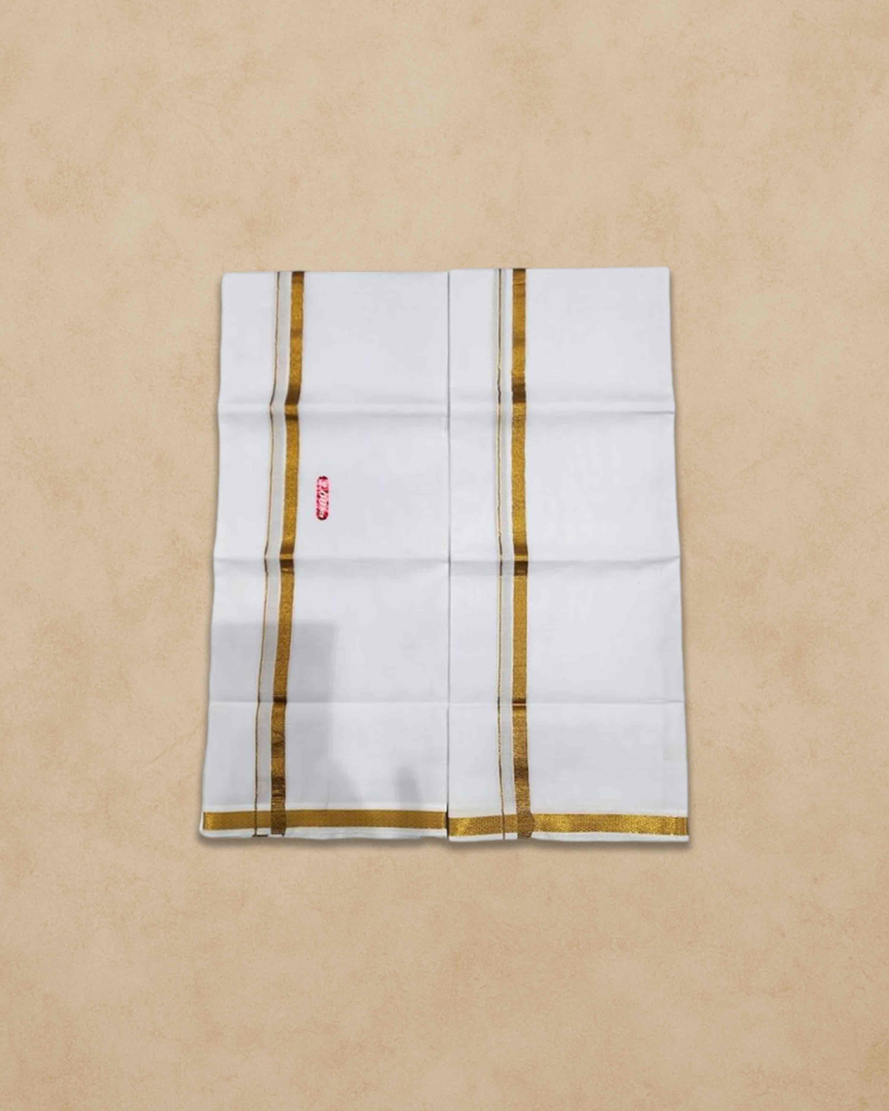 Vimayam Pure Cotton Off White Dhoties, Golden Jari Cotton 4 Meter Dhoti and 2.25 Meter Towel Set 9X5
