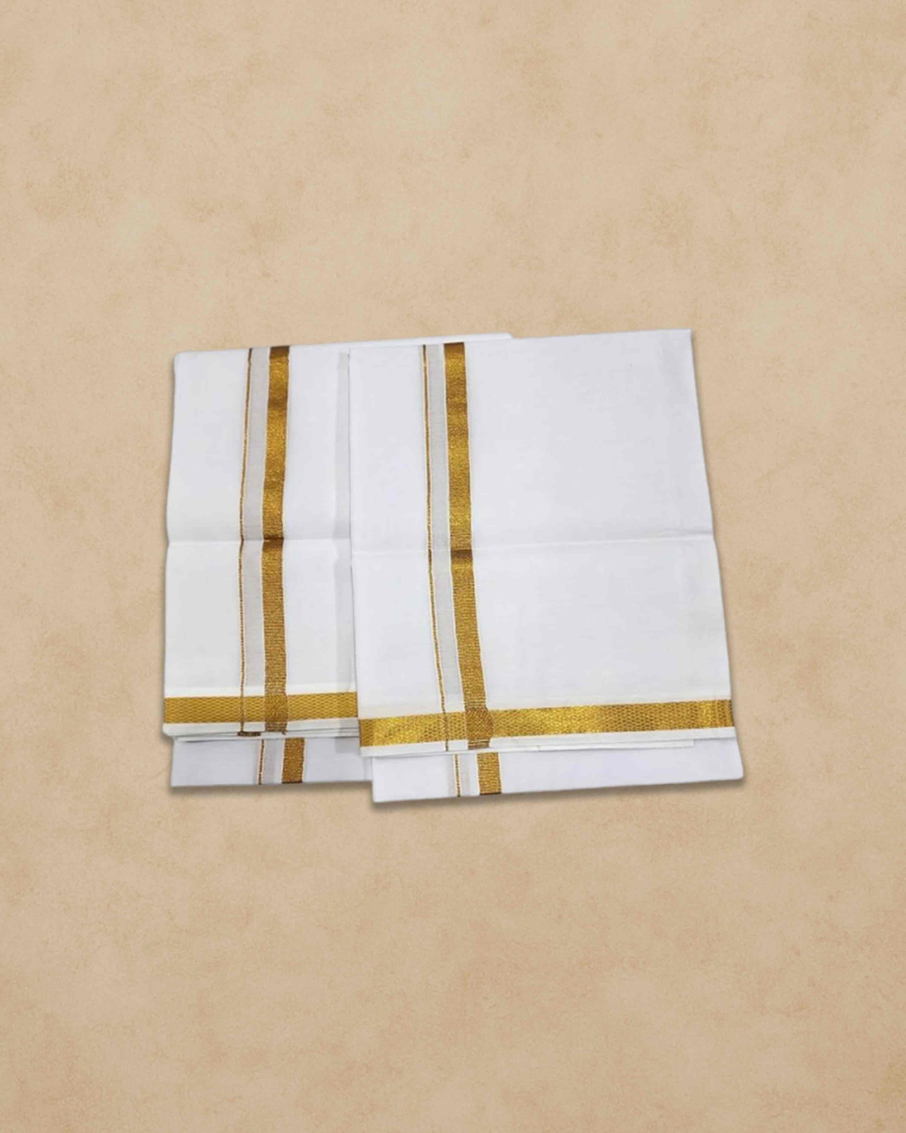 Vimayam Pure Cotton Off White Dhoties, Golden Jari Cotton 4 Meter Dhoti and 2.25 Meter Towel Set 9X5