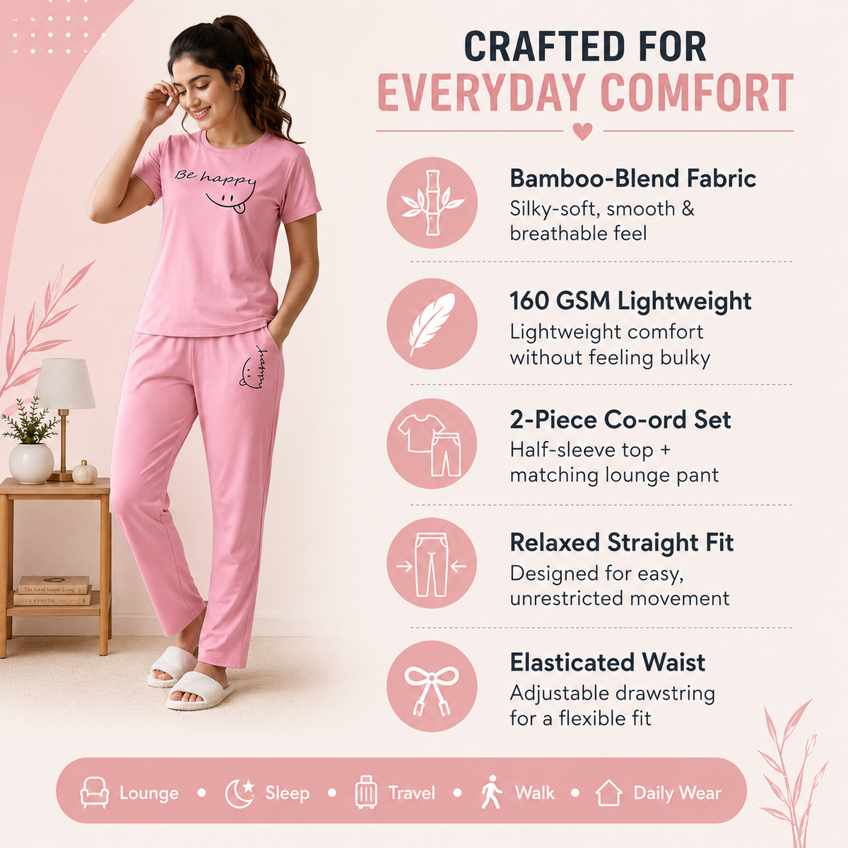 Women’s bamboo-blend co-ord set featuring 160 GSM lightweight fabric, relaxed straight-fit pants and elasticated drawstring waist